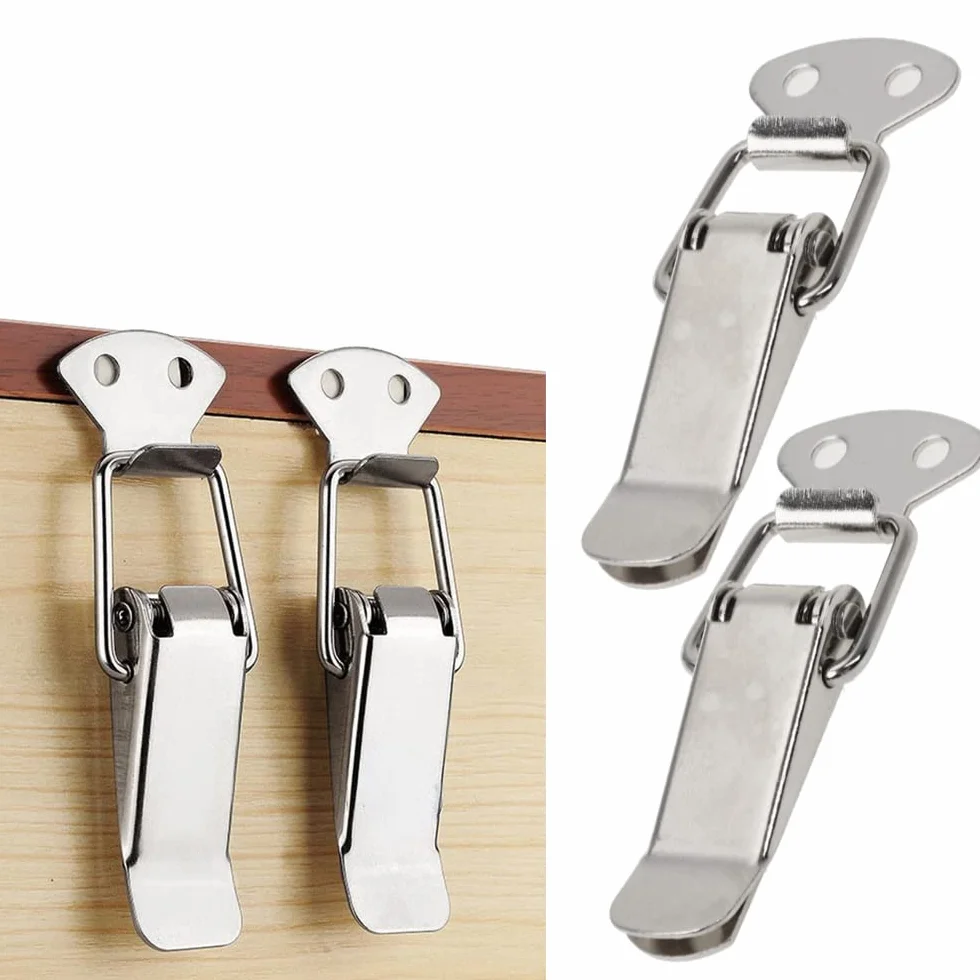 4 morsetti a levetta in acciaio inox da 45 mm, con chiusura a molla, per cassetta degli attrezzi, cassetto, armadietto, baule con serratura