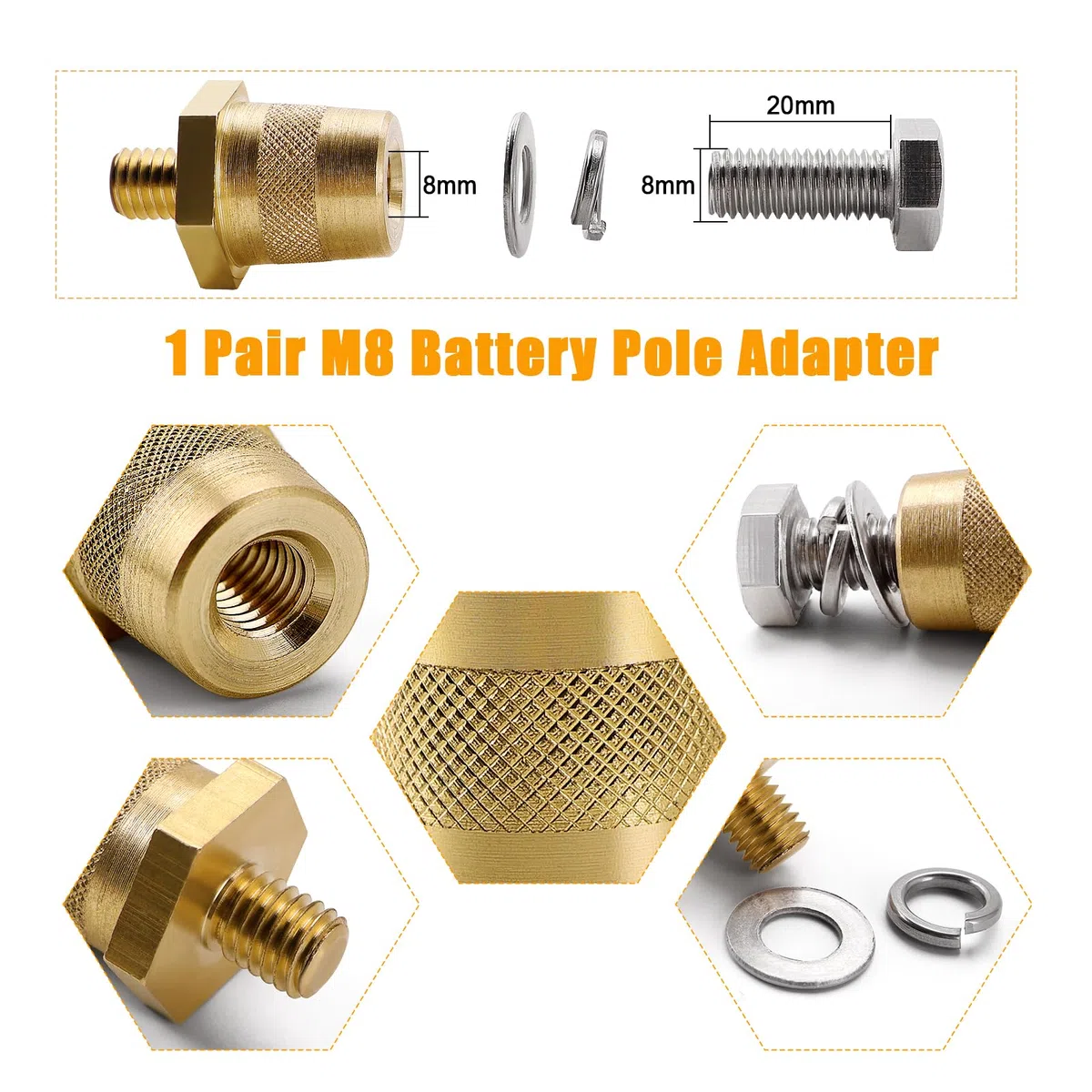 VooGenzek 1 Paio M8 Adattatore Poli Batteria, Adattatori Polo in Ottone Negativo Positivo con Viti in Acciaio Inox e Rondelle, per Batteria al Litio Auto