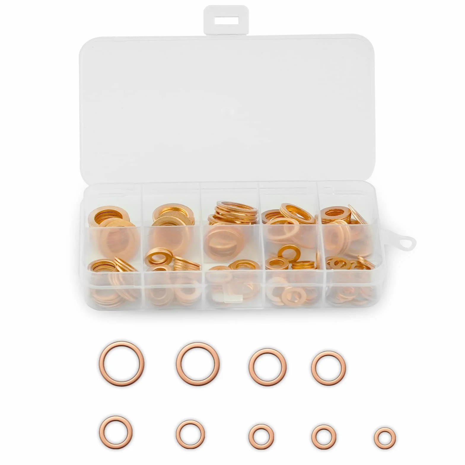 Gvolatee 200 pezzi Rondelle Piatte, Rondelle piatte in rame anello di tenuta, Guarnizioni in ottone con scatola di smistamento, per i dispositivi di fissaggio a vite (M5/M6/M8/M10/M12/M14)