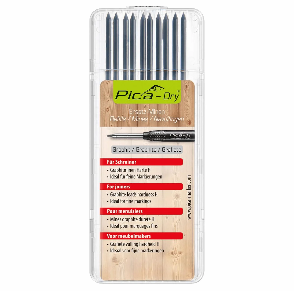 Pica 4050 | Set da 10 mine di ricambio Dry 3030 | Ø 2,8 mm | Mina in grafite durezza speciale H per marcature fini e precise | Ideale per falegnami
