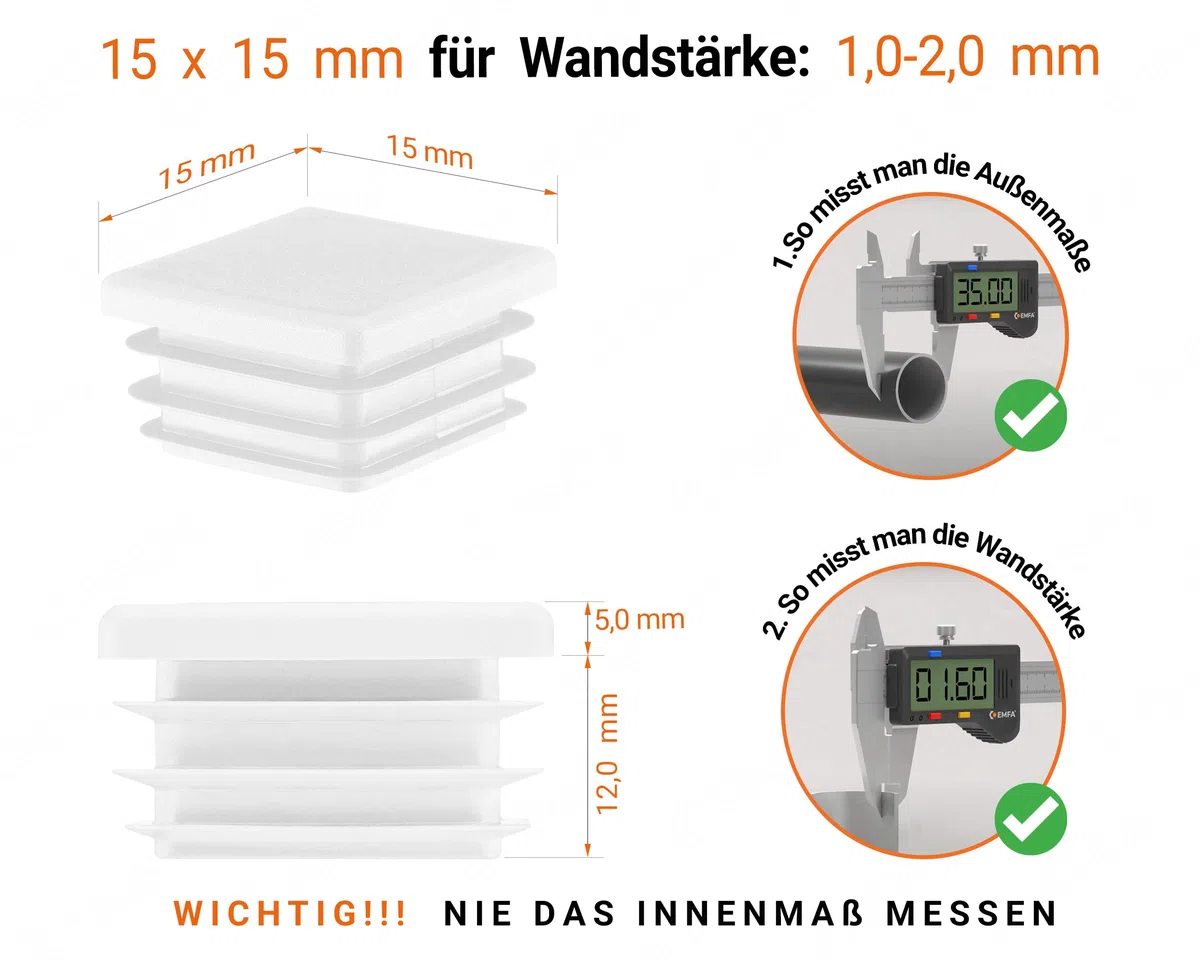 EMFA Tappo Terminale per Tubo Quadrato 15x15 mm Bianco – Tappi in Plastica con Lamelle 1,5x1,5 cm – Copritubo di Chiusura – 50 Pezzi