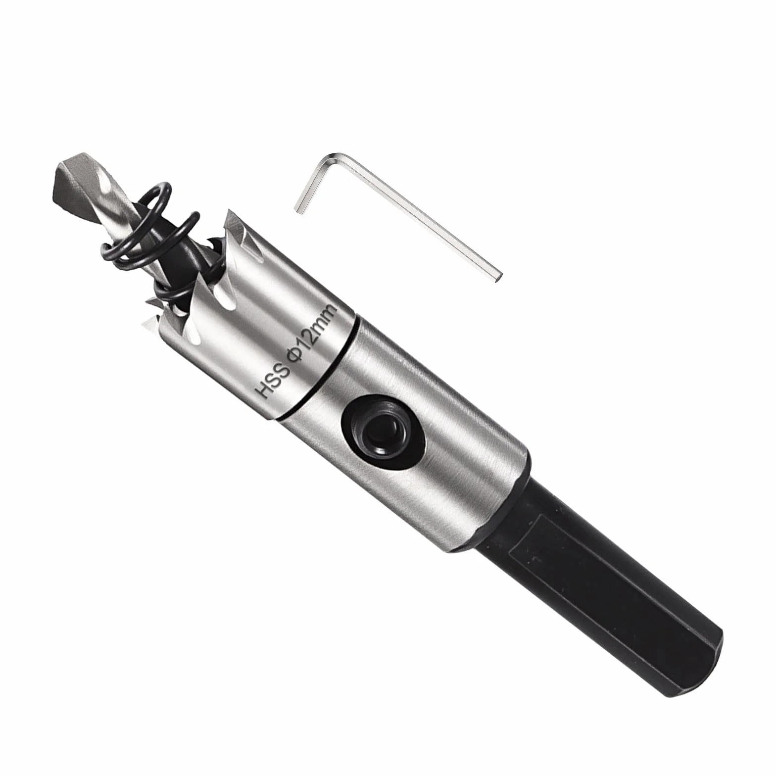 METALLIXITY Seghe Tazza Frese per Metallo 12mm (15/32"), 4341 Fresatrice Foro Acciaio Rapido con Punta Centrale, Chiave Esagonale e Molla - per Metallo Morbido, Legno, Pannelli, Argento