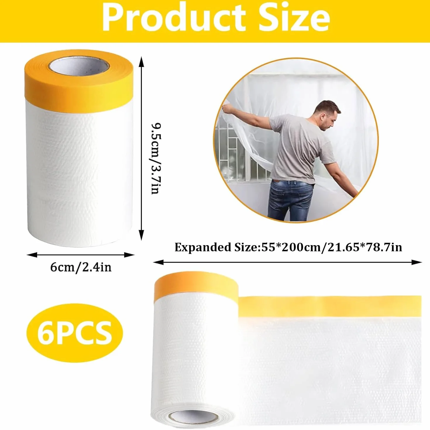 Pellicola di Mascheratura con Nastro Adesivo, 6 Rotolo di Pellicola Coprente con Nastro Adesivo per Pittore Trasparente, Nastro per Pittore Mascherare e Coprire Pittura, 55 cm x 20 m