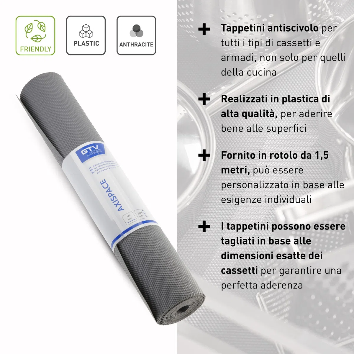GTV - Tappetino per Cassetti e Ripiani del Frigorifero, Tappetino Antiscivolo Cucina, Proteggi Cassetti Cucina, Rivestimento Cassetti Cucina, Tappetino Cassetti Cucina - Antracite, 48 x 150 cm