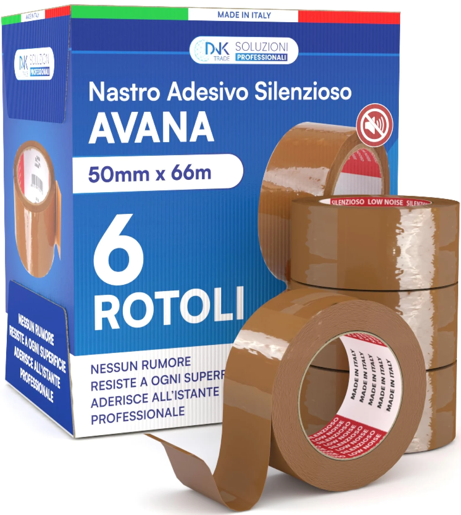 DNK TRADE Nastro Adesivo da Imballaggio Pacchi - 6 Rotoli di Nastro per Imballaggi 50mm x 66m Silenzioso Resistente all'Acqua - Colore Avana