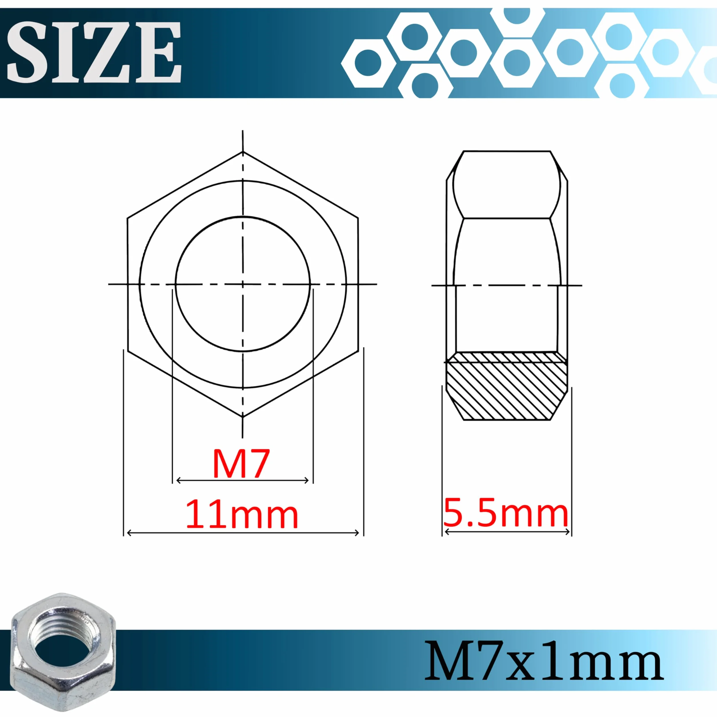 AERZETIX - Set di 120 dadi esagonali M7 con filettatura metrica - acciaio zincato - colore argento - assemblaggi meccanici ed elettronici - progetti fai da te