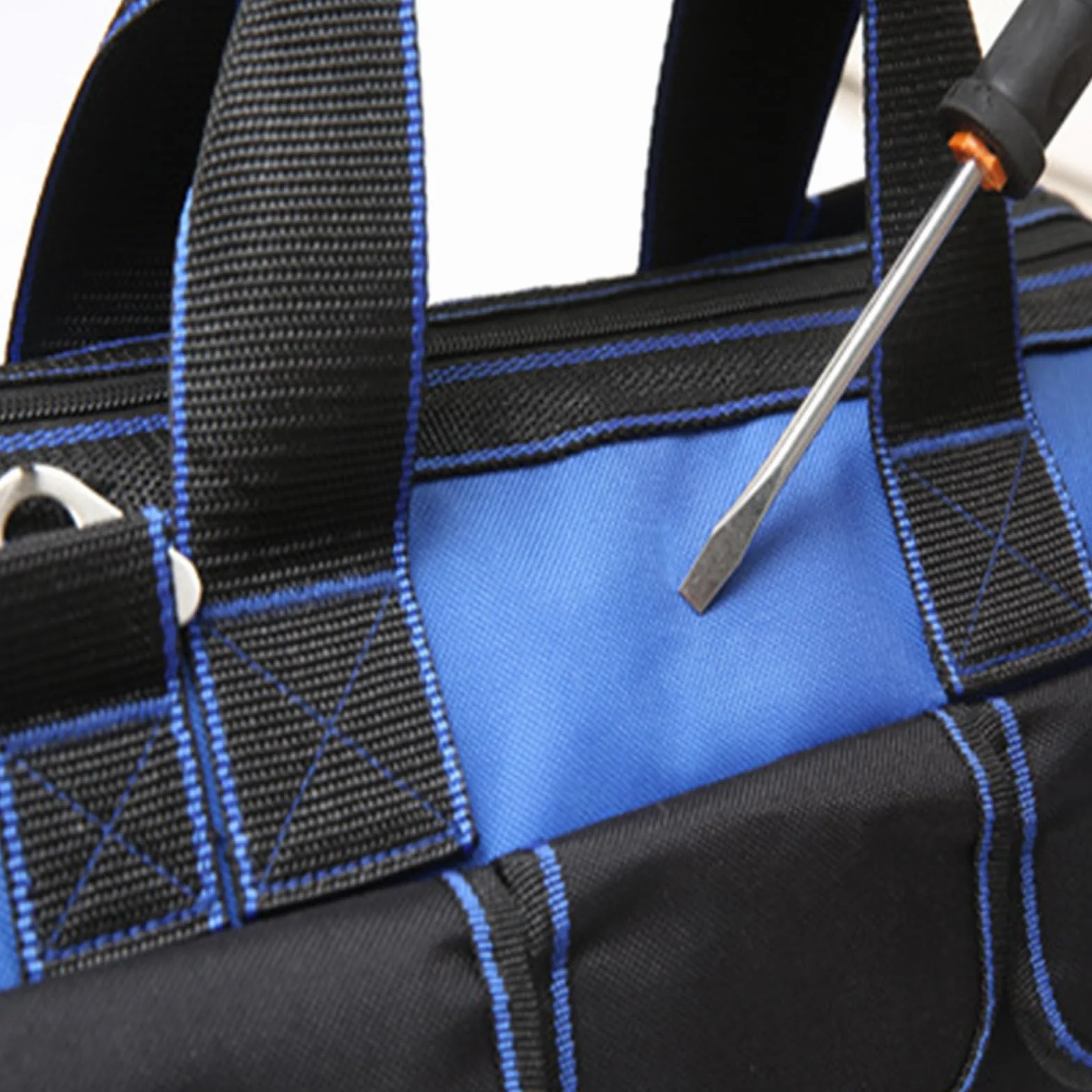 Borsa per attrezzi resistente con fondo rigido impermeabile, ampia apertura per elettricista, carpentiere, meccanico, con molte tasche (Blu, 21/29/40 cm)