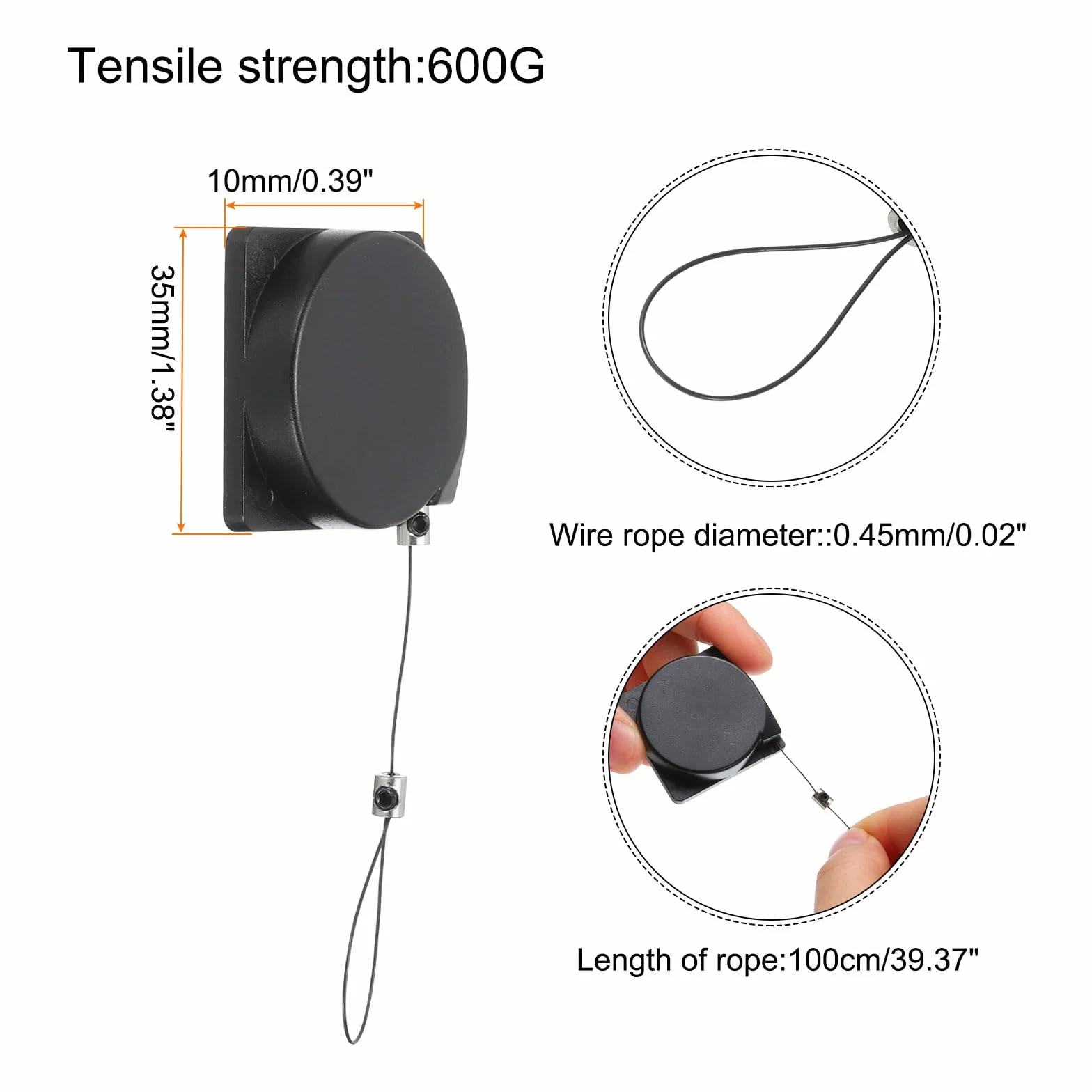 QUARKZMAN Cavo Sicurezza Retrattile Blocco, Corda Anti-Smarrimento Adesivo Doppia Faccia 1 Set Nero 39,37"