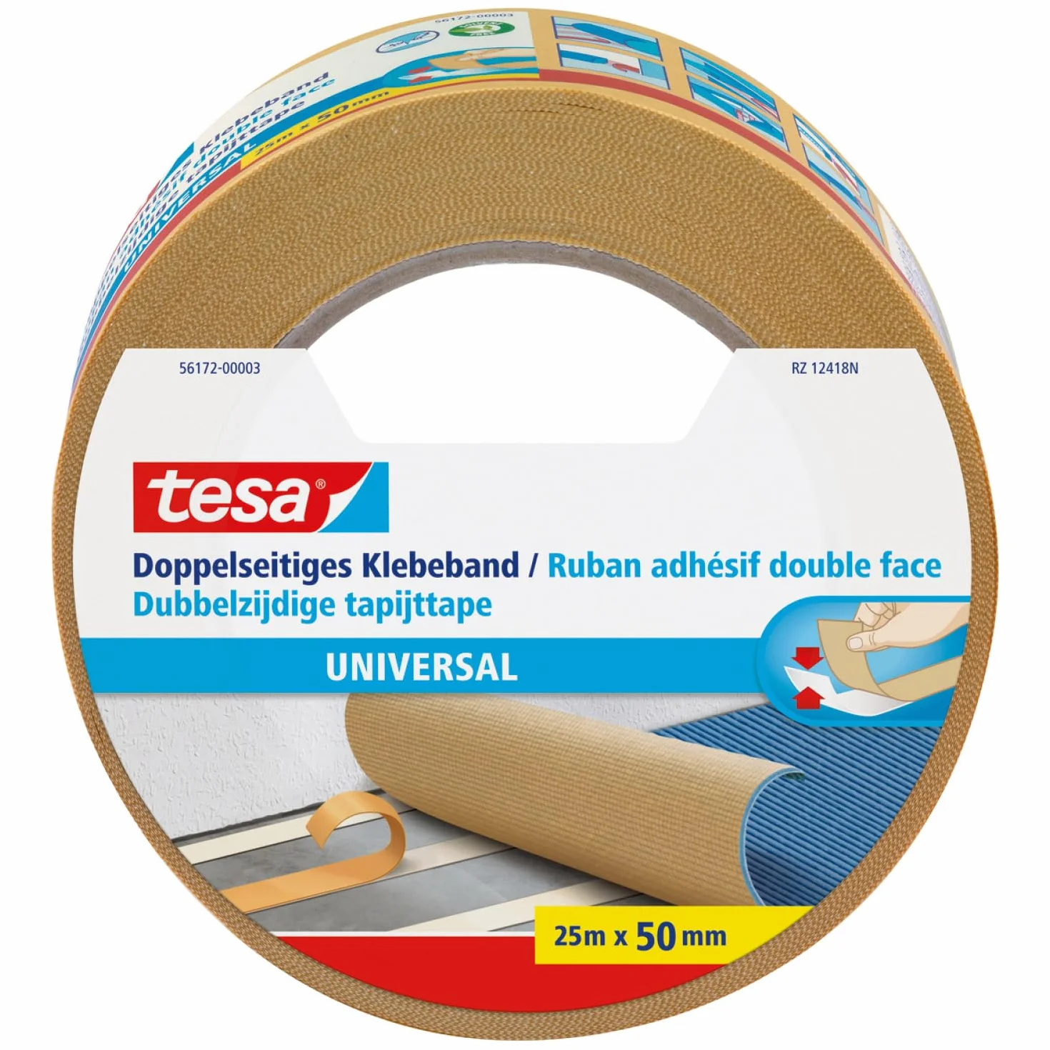 Tesa 56172-00003-11 Nastro Di Installazione Universale 25 M X 50 Mm Doppia Faccia, Transparent, 25m x 50mm