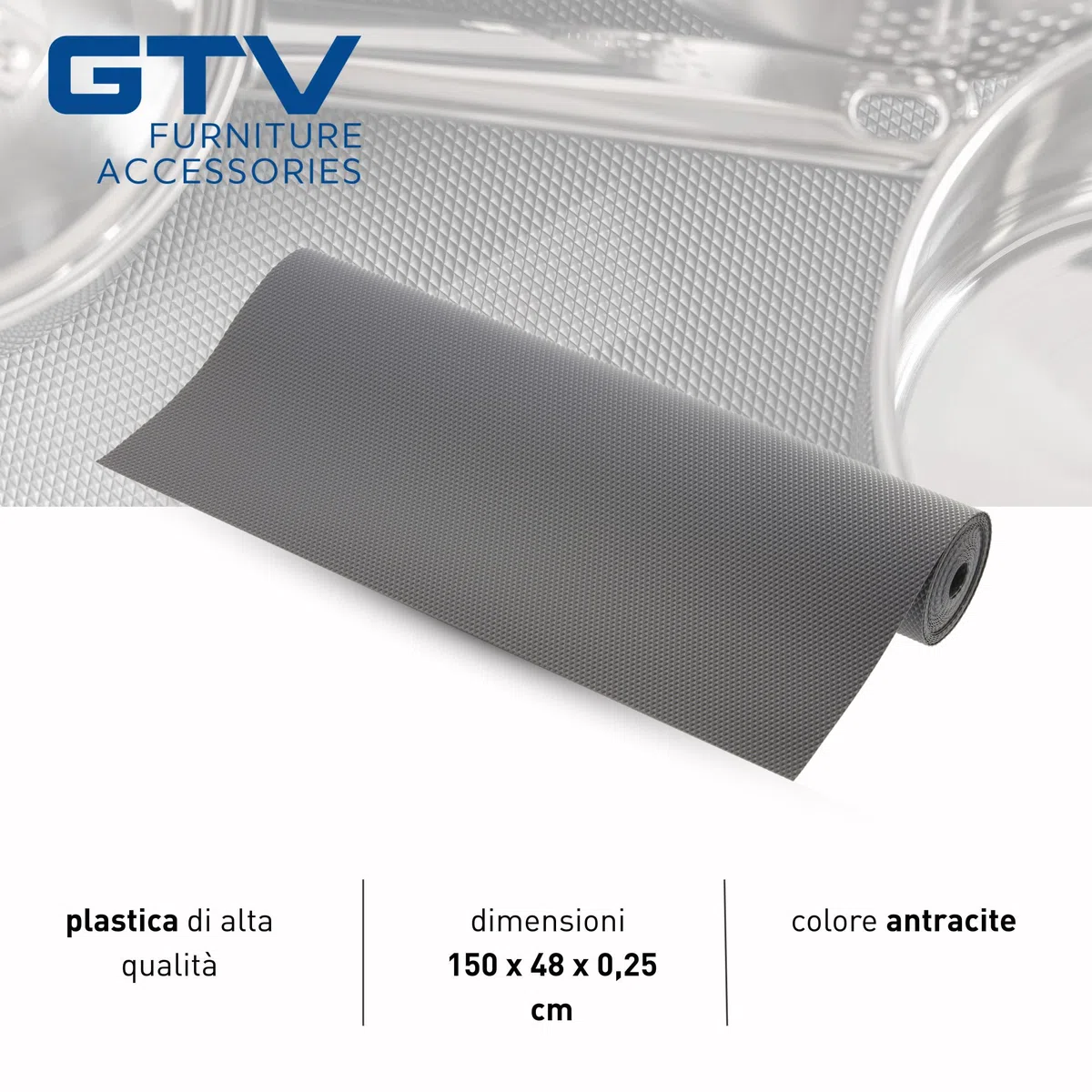 GTV - Tappetino per Cassetti e Ripiani del Frigorifero, Tappetino Antiscivolo Cucina, Proteggi Cassetti Cucina, Rivestimento Cassetti Cucina, Tappetino Cassetti Cucina - Antracite, 48 x 150 cm
