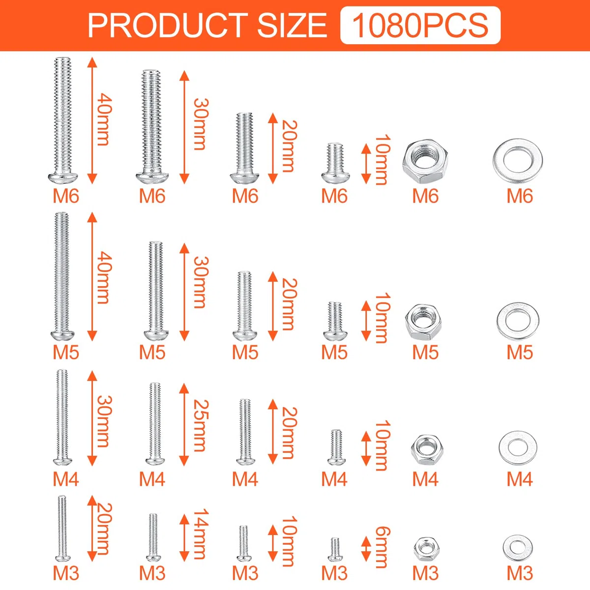 Frevoitna Set di 1080 Pezzi M3 M4 M5 M6 Bulloni e Dadi, Kit Viti e Rondelle, Assortimento Zincato per Casa, Ufficio, Prodotti Elettronici e Industriali