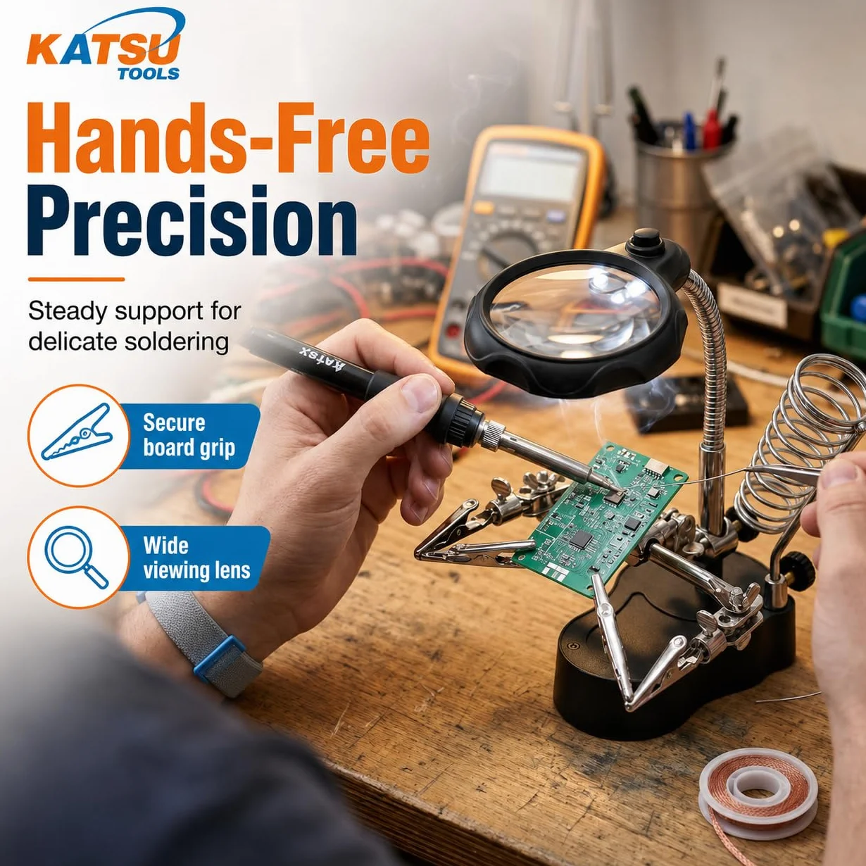 KATSU Lente d'Ingrandimento per Saldatura con Lampada a LED Terza Mano con Lente d'Ingrandimento, Che Aiuta Le Mani con Clip Lente d'Ingrandimento 3.5X 12X Dispositivi di Tenuta per Saldatura con Clip a Coccodrillo per Lavori di Riparazione di Assemblaggi