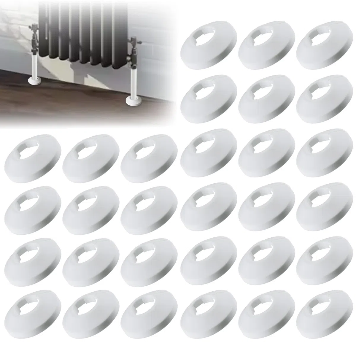Set da 30 Rosette per Tubi di Riscaldamento Copritubi per Radiatori Rosette bianche per rivestimento tubi di riscaldamento Copritubi in PVC Ø 20 mm Copertura tubi riscaldamento per pavimento