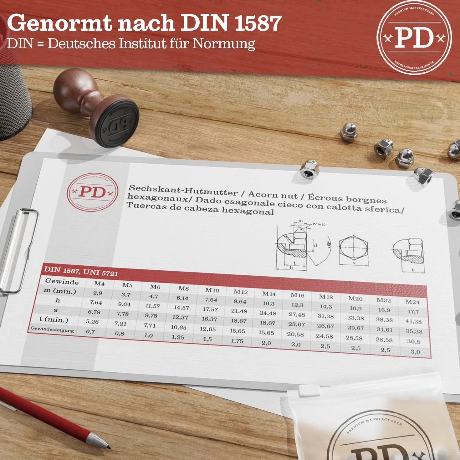 PD® Dadi a cappuccio M5 (DIN 1587), dadi a cappuccio in ottone di alta qualità, tappi di protezione, dadi a cappuccio in ottone in forma alta, per viti, barre filettate e bulloni filettati, 15 pezzi
