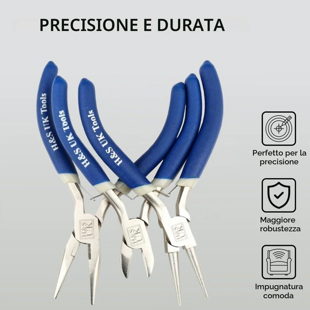 H&S Set Pinze per Bigiotteria Cromate per la Creazione di Gioielli - Set da 3 con Pinze Lunghe, ad Ago e a Punta Tonda - Attrezzi per la Bigiotteria Bricolage e Fai da Te