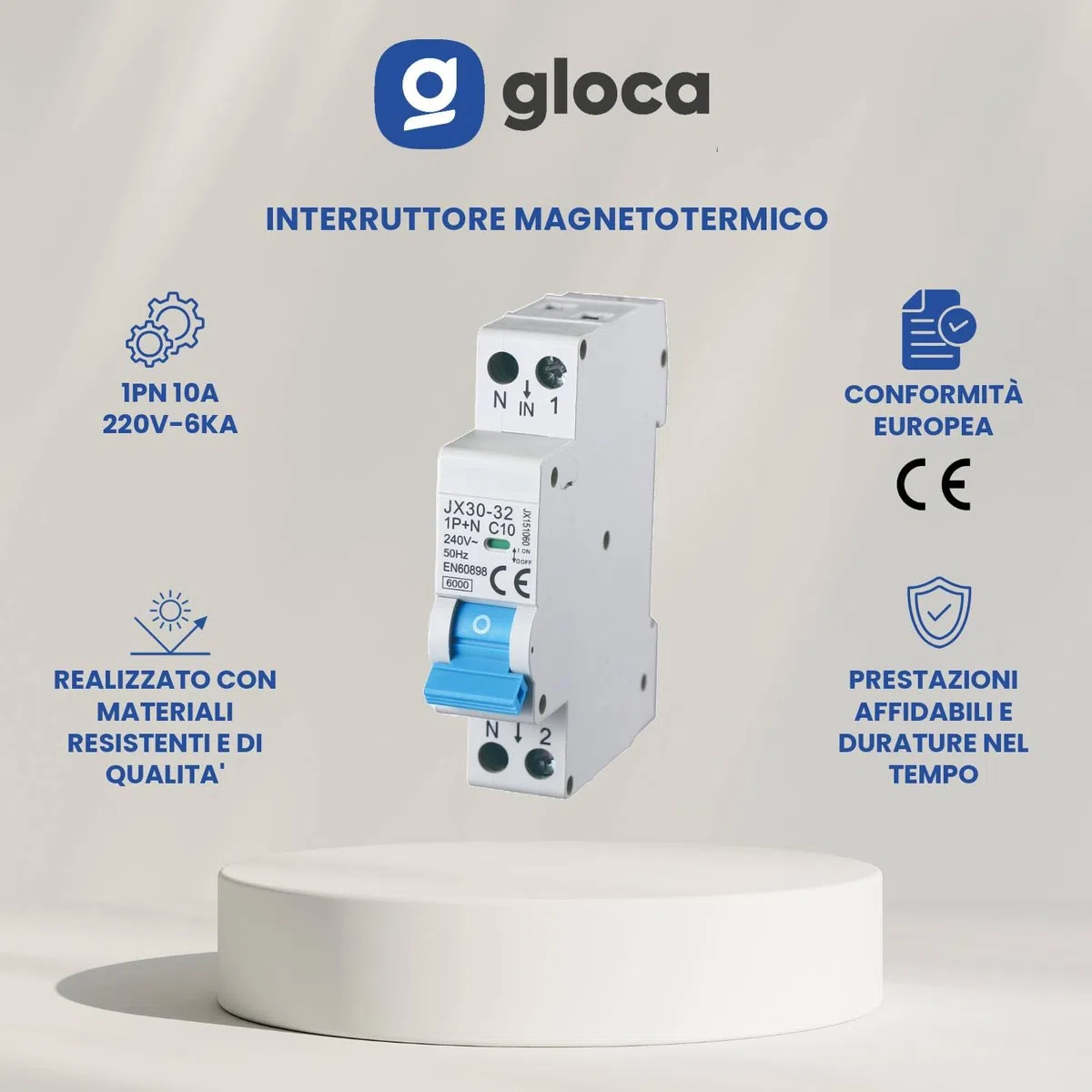 gloca Interruttore Magnetotermico Automatico 1P+N 220V 6KA 1 Modulo DIN (10 Ampere, 1)