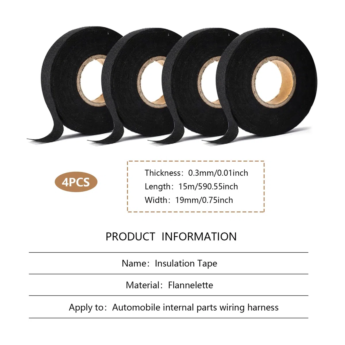 Nastro Tessuto Non 4 Pezzi Nastro Tessuto Nero Auto Nastro Isolamento, Nastro Cablaggio Automotive Nastro Elettrico, Nastro Antiscivolo per Casa, Auto Moto (19mm x 20m)