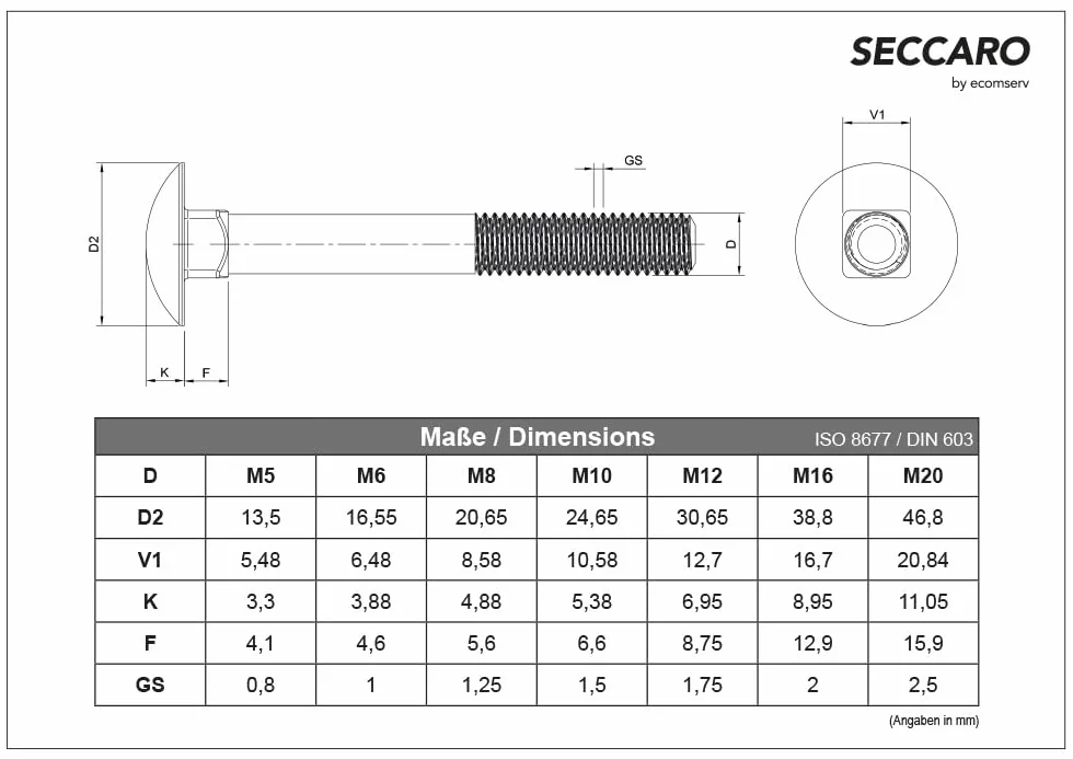 SECCARO Confezione da 20 bulloni per carrozzeria M5 x 40 mm, in acciaio inox V2A VA A2, DIN 603 / ISO 8677, testa tonda con dado a sezione quadrata, filettatura parziale
