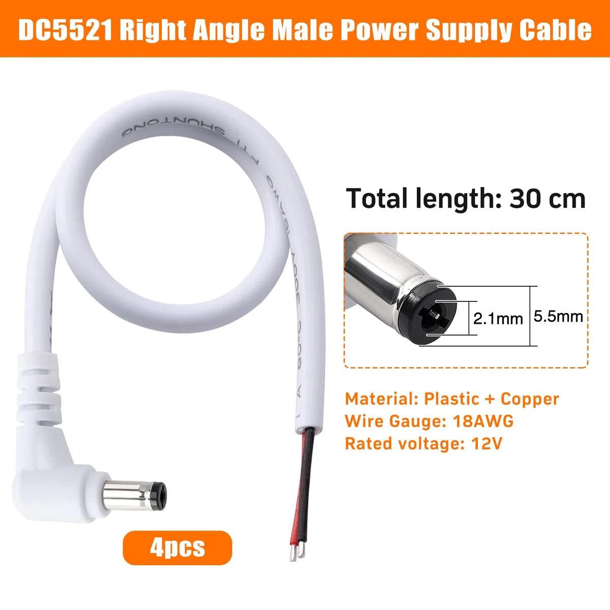 4 Pezzi 30cm 18 AWG 5.5 mm x 2.1 mm Cavo di Alimentazione DC, Spina Maschio ad Angolo Retto a Filo Nudo Cavo Alimentazione Aperto Cavi Riparazione, per Telecamera di Sicurezza, Bianco