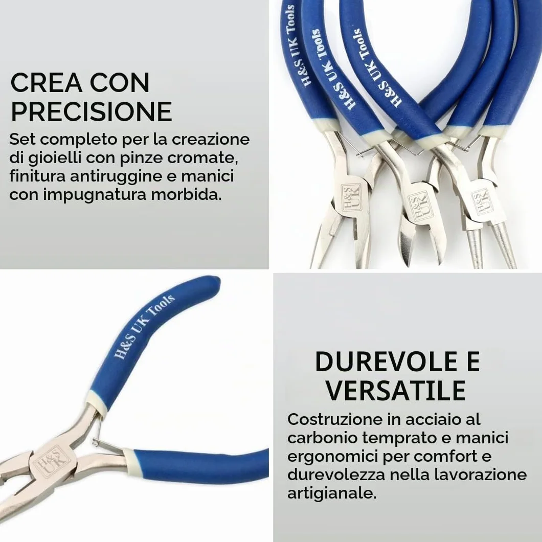H&S Set Pinze per Bigiotteria Cromate per la Creazione di Gioielli - Set da 3 con Pinze Lunghe, ad Ago e a Punta Tonda - Attrezzi per la Bigiotteria Bricolage e Fai da Te