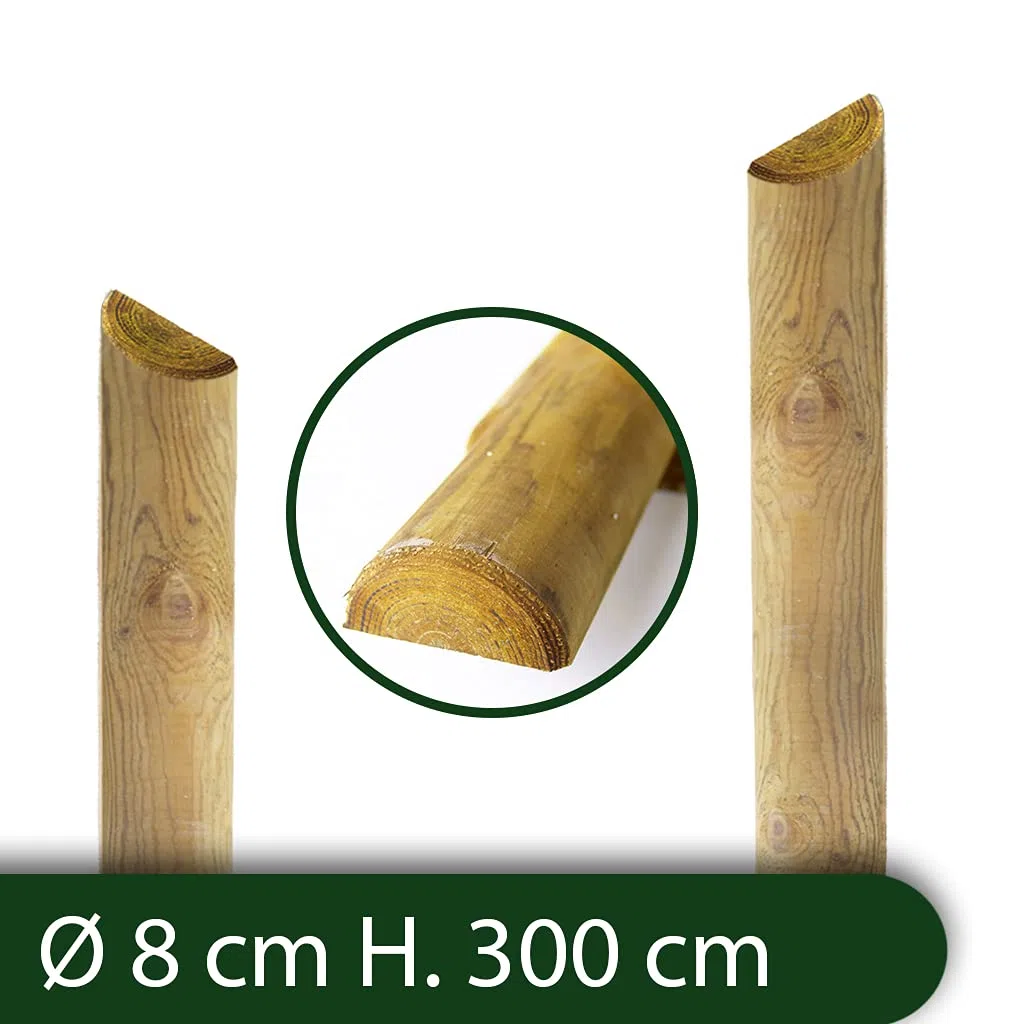 nextradeitalia 1 PZ Mezzi Pali in Legno CM 8 Lunghezza CM 300 H per Recinzione trattati impregnati per staccionata/steccato Mezzo Palo Tondo