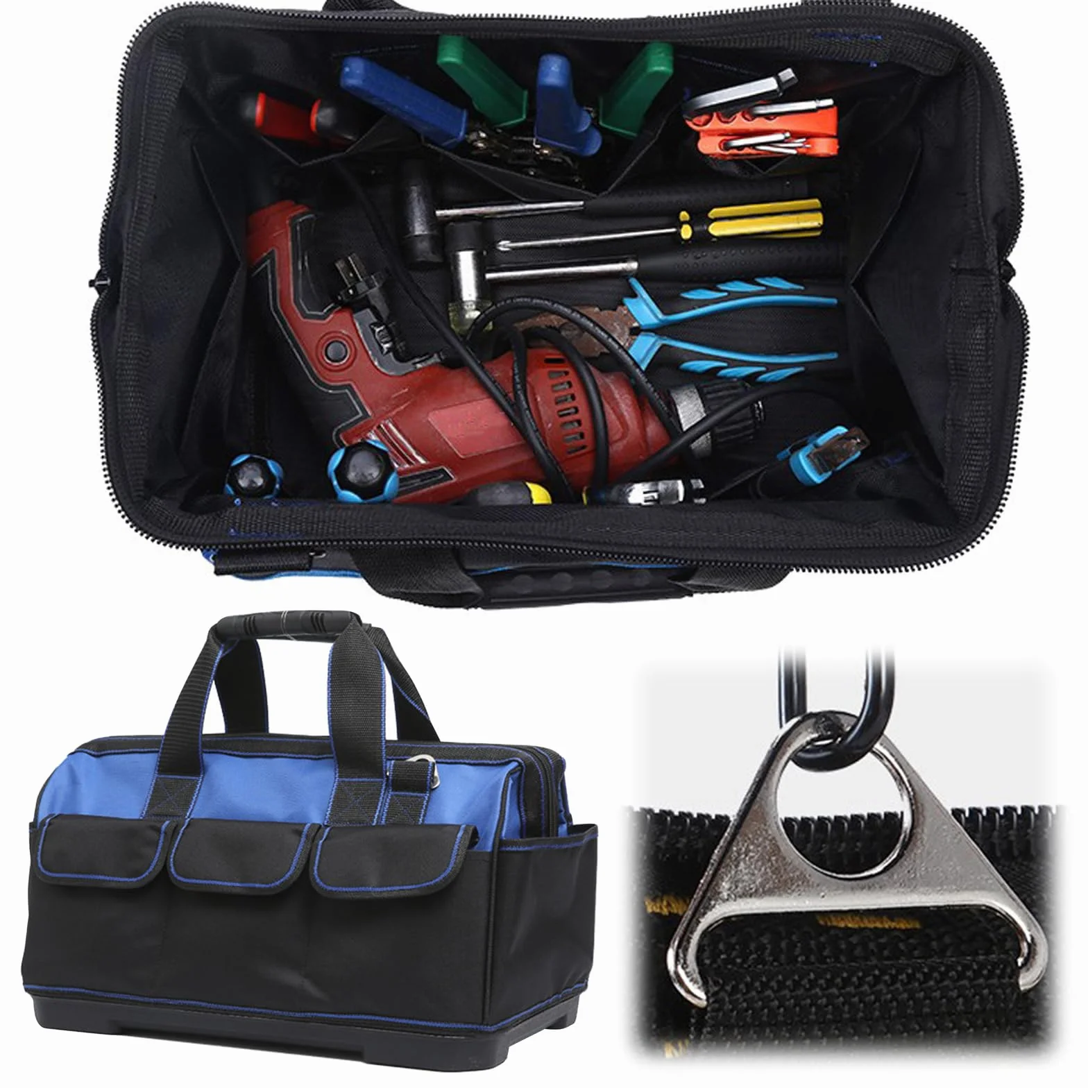 Borsa per attrezzi resistente con fondo rigido impermeabile, ampia apertura per elettricista, carpentiere, meccanico, con molte tasche (Blu, 21/29/40 cm)