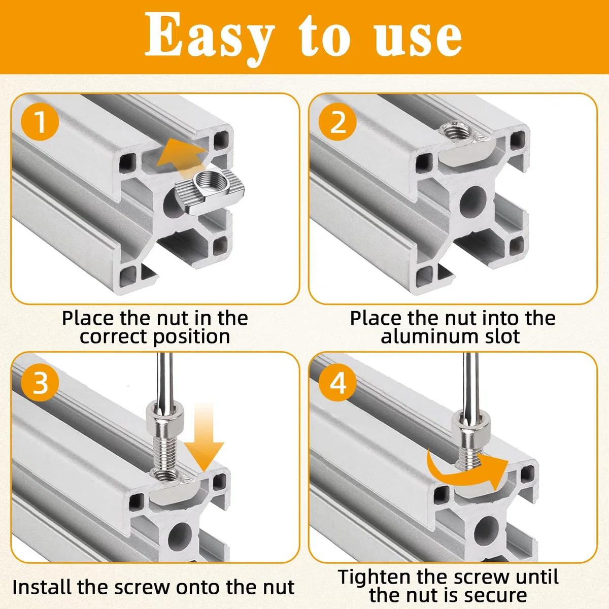 60 pietre scanalate M8, filettatura M8, scanalatura da 10 mm, 8 lunghezze scanalate, acciaio al carbonio, profilo 40 x 40, adatte per scanalature profilate in alluminio (EU40-M8). Adatto per progetti
