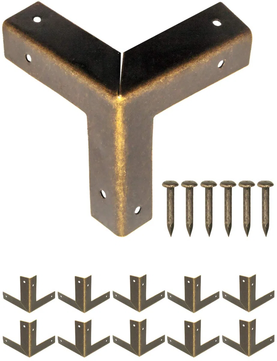 FUXXER® - 10 angoli per mobili antichi, accessori per la protezione dei bordi in metallo, per scatole, mobili, tavoli, ottone antico, effetto vintage, 32 x 32 mm