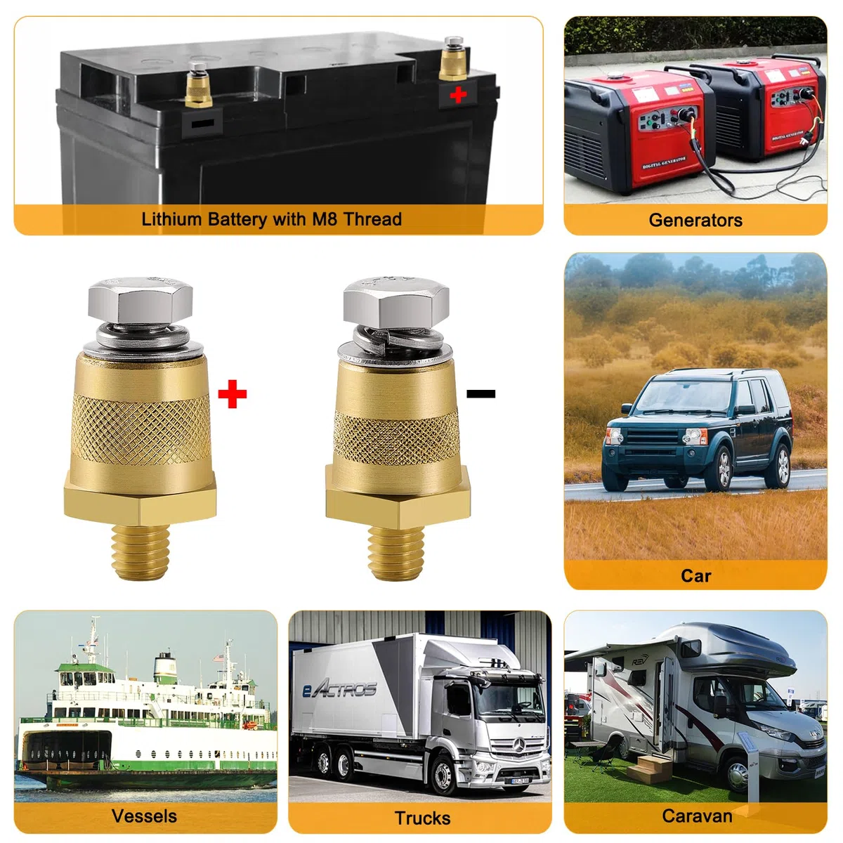 VooGenzek 1 Paio M8 Adattatore Poli Batteria, Adattatori Polo in Ottone Negativo Positivo con Viti in Acciaio Inox e Rondelle, per Batteria al Litio Auto