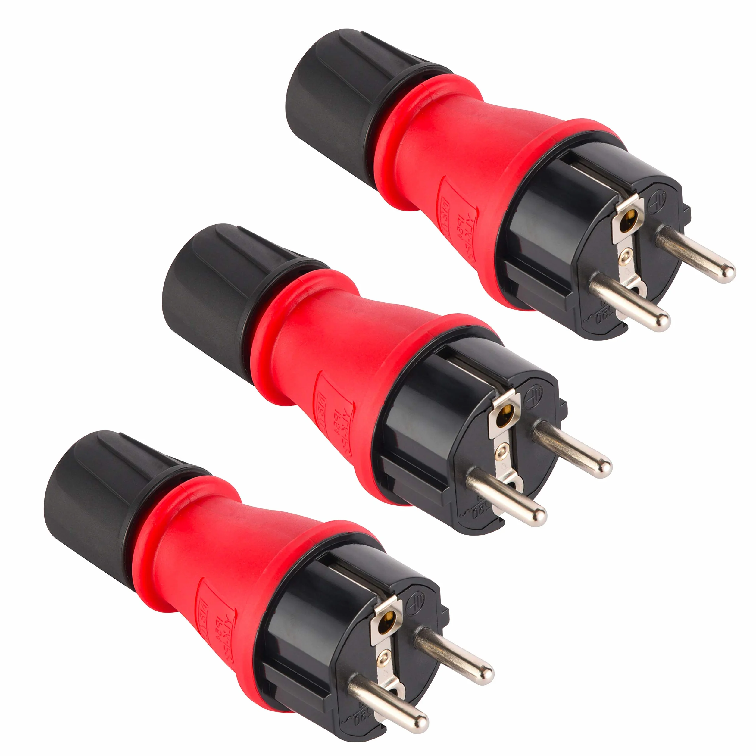 Electraline 92389 Confezione da 3 Spine Professionali Schuko, Protezione IP54, con Ghiera di Bloccaggio Cavo per Facilitare il Cablaggio, Rosso