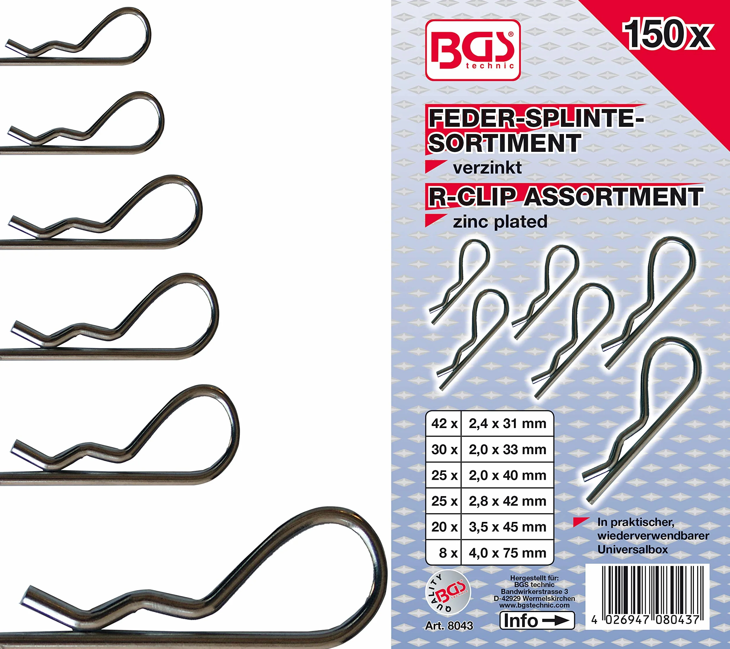 BGS 8043 | Assortimento coppiglie per molle | Ø 2,4 - 4,0 mm | 150 pz.