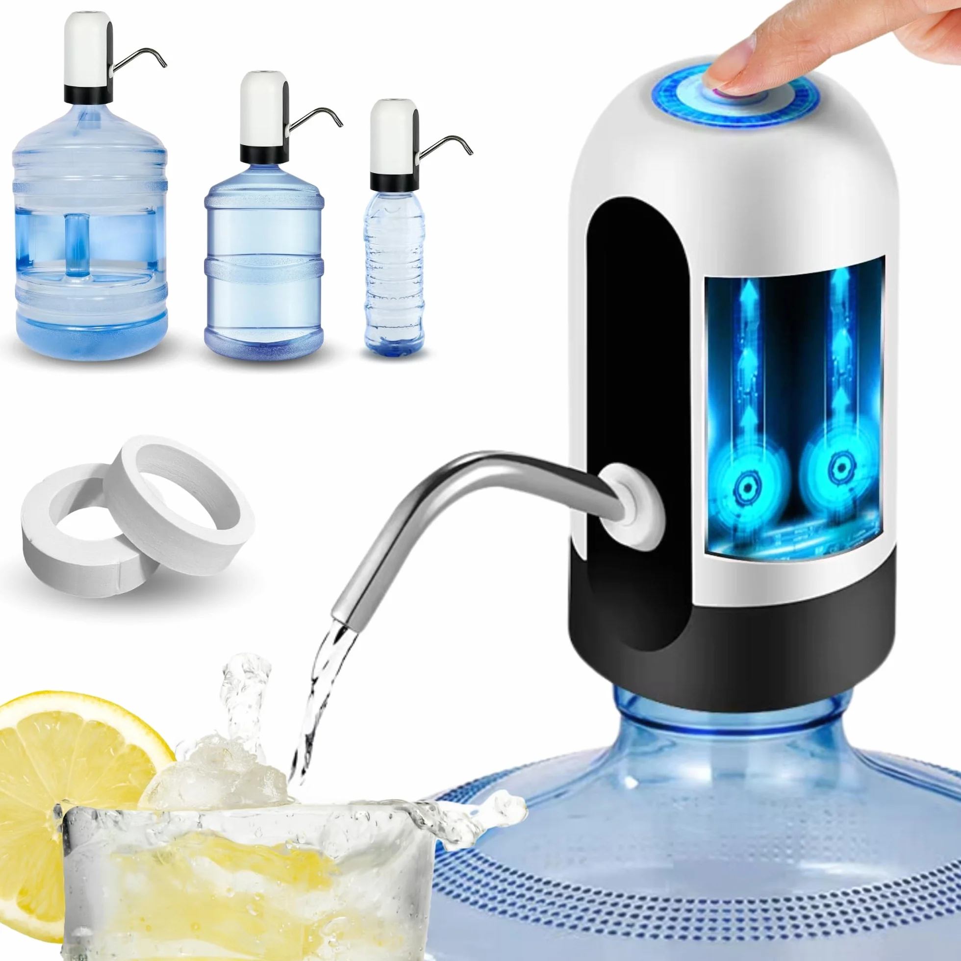 Distributore di acqua, rubinetto elettrico per lattine di acqua fredda, pompa dosatrice con due adattatori. 5,7L, 10L, 11,3L, 15L, 18,9L.