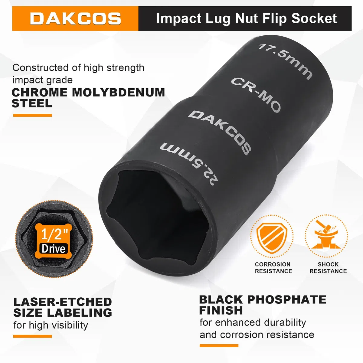 DAKCOS Chiave a bussola per dadi da 17,5 x 22,5 mm, per dadi ford, CR-MO, 1/2" per cerchioni in alluminio speciali per cambio ruota