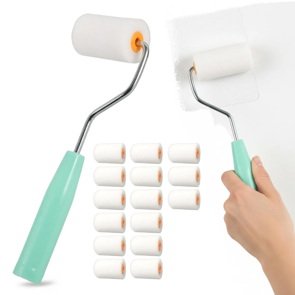 set da 16 pezzi Rulli Pittura Piccoli,Set Rullini per Vernici,Rulli in Schiuma per Pittura Pareti,Mini Rullo Pittura con Manico,Perfetto per Muri ristrutturazione,5 * 3.5cm