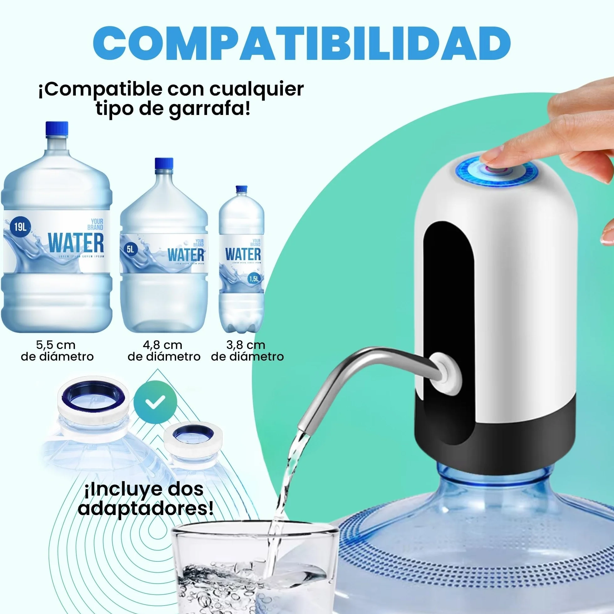 Distributore di acqua, rubinetto elettrico per lattine di acqua fredda, pompa dosatrice con due adattatori. 5,7L, 10L, 11,3L, 15L, 18,9L.