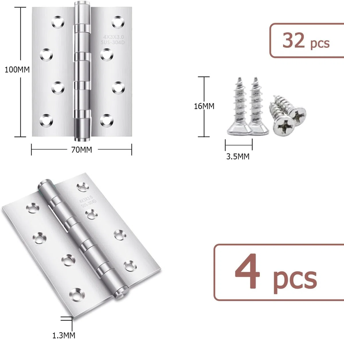 304 cerniere in acciaio inox, 4 pezzi, cerniera pieghevole in acciaio inox, 75 x 100 mm, cerniera per porta ad alte prestazioni con 32 viti, può essere utilizzata in interni ed esterni di porte
