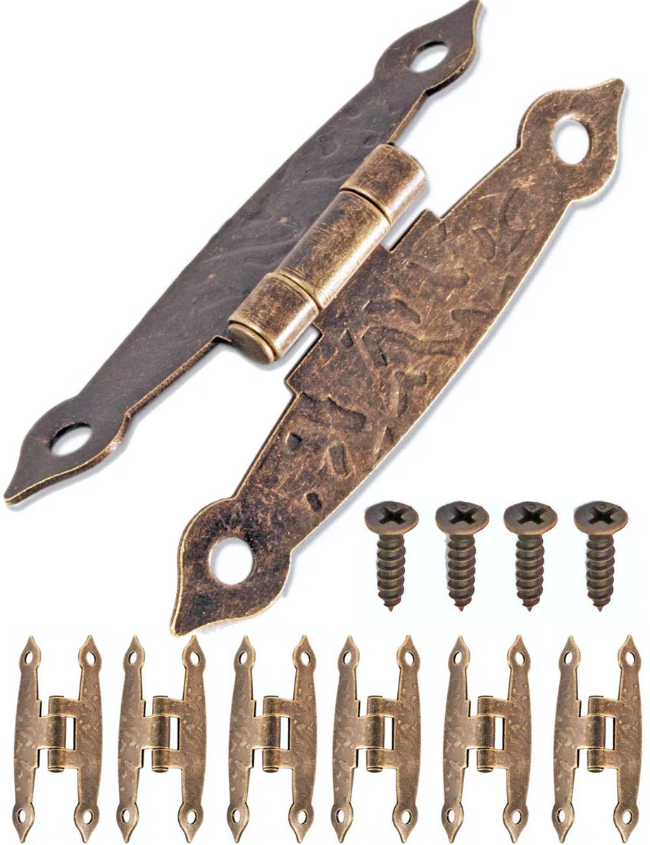 Fuxxer 6 x cerniere anticate, design in ferro e bronzo per armadi, ante, cassettiere, cassette, scatole, in stile vintage, rustico e retrò – 65 X 34 mm, set da 6 pezzi
