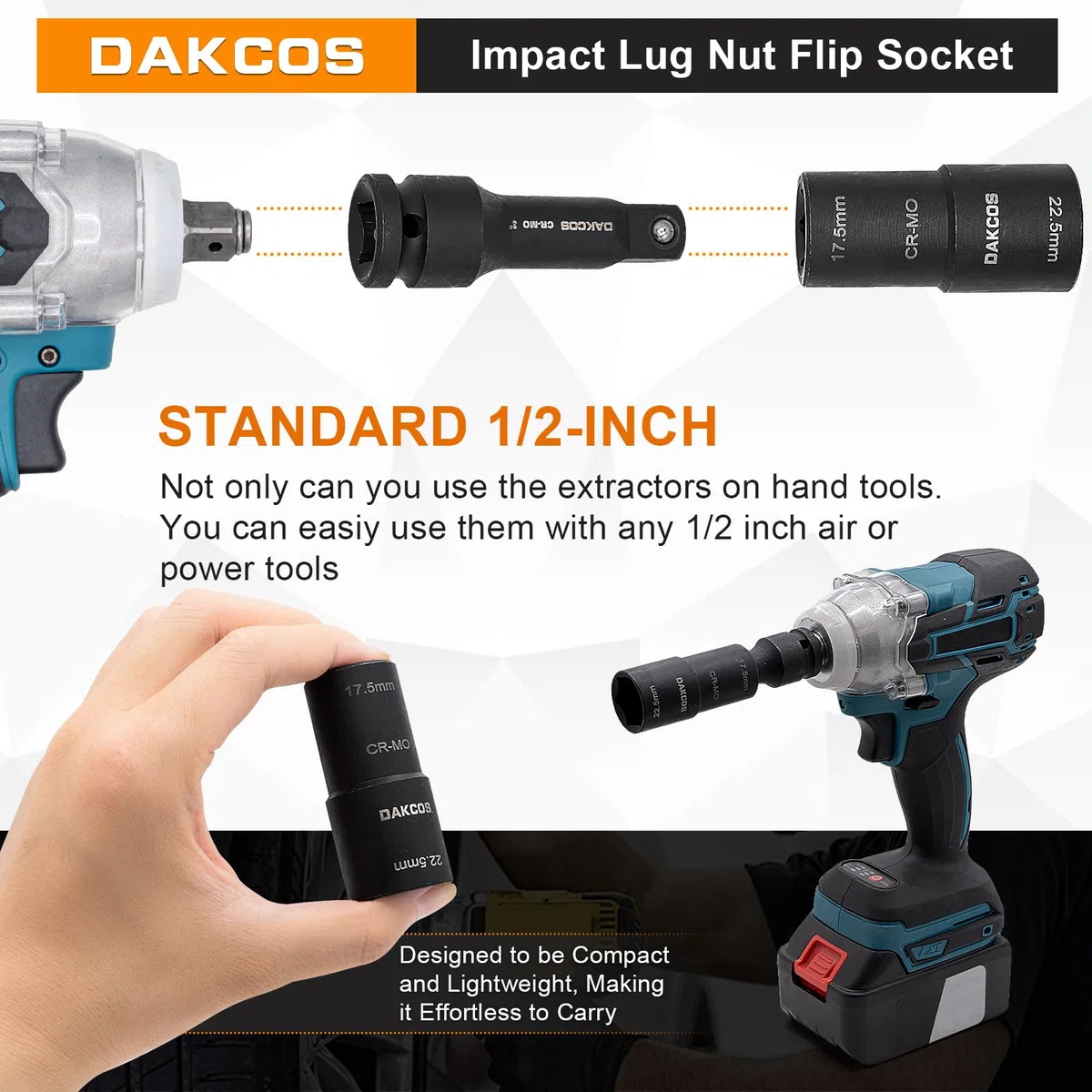 DAKCOS Chiave a bussola per dadi da 17,5 x 22,5 mm, per dadi ford, CR-MO, 1/2" per cerchioni in alluminio speciali per cambio ruota