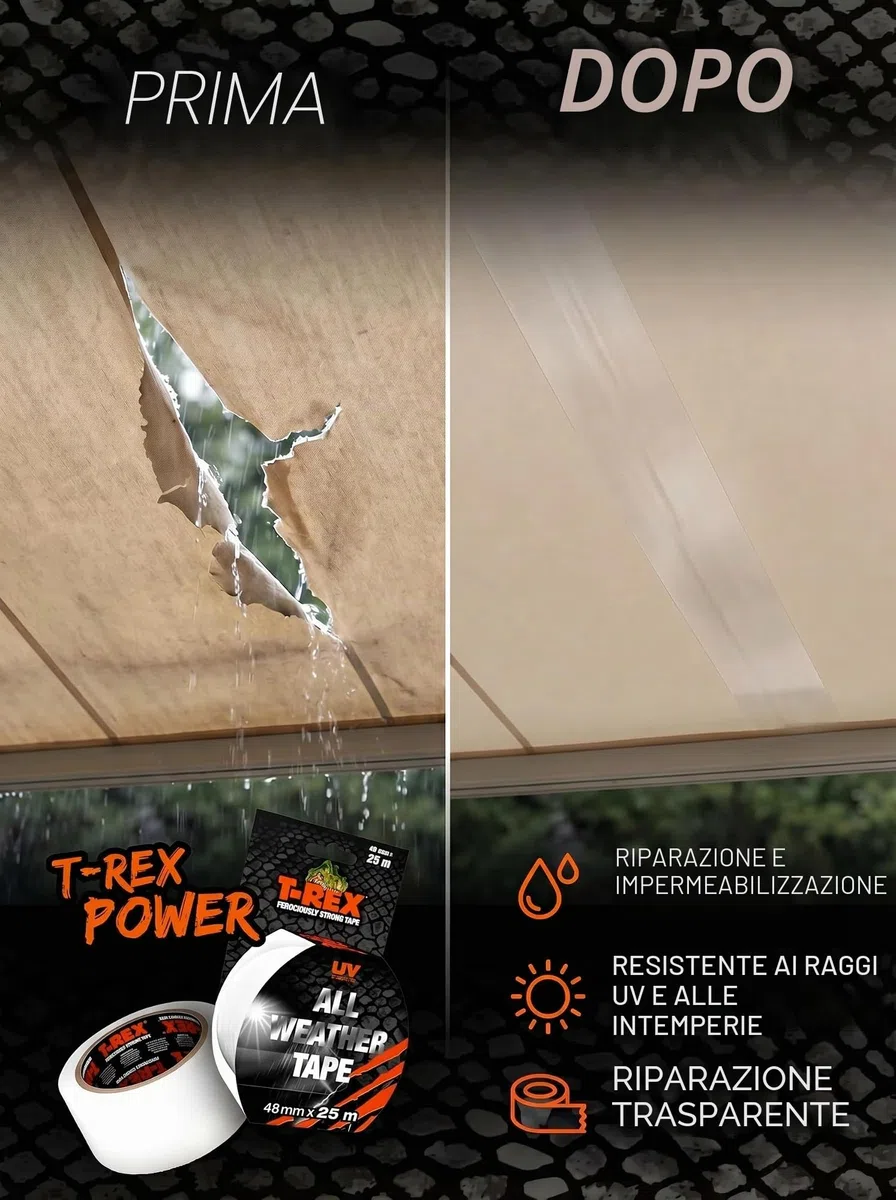 T-REX All Weather Tape - Nastro impermeabile per riparazioni extra forte per uso interno ed esterno - trasparente e resistente alle intemperie | 48 mm x 25 m
