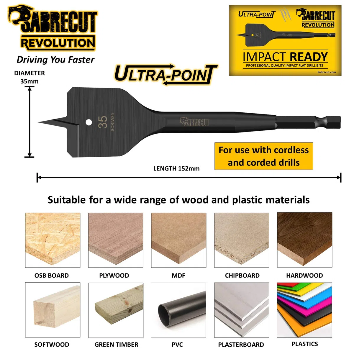 1 x SabreCut SCRIW35_1 35mm x 152mm Punta a forcella per legno piatta resistente agli urti compatibile con Bosch Dewalt Makita Milwaukee e molti altri