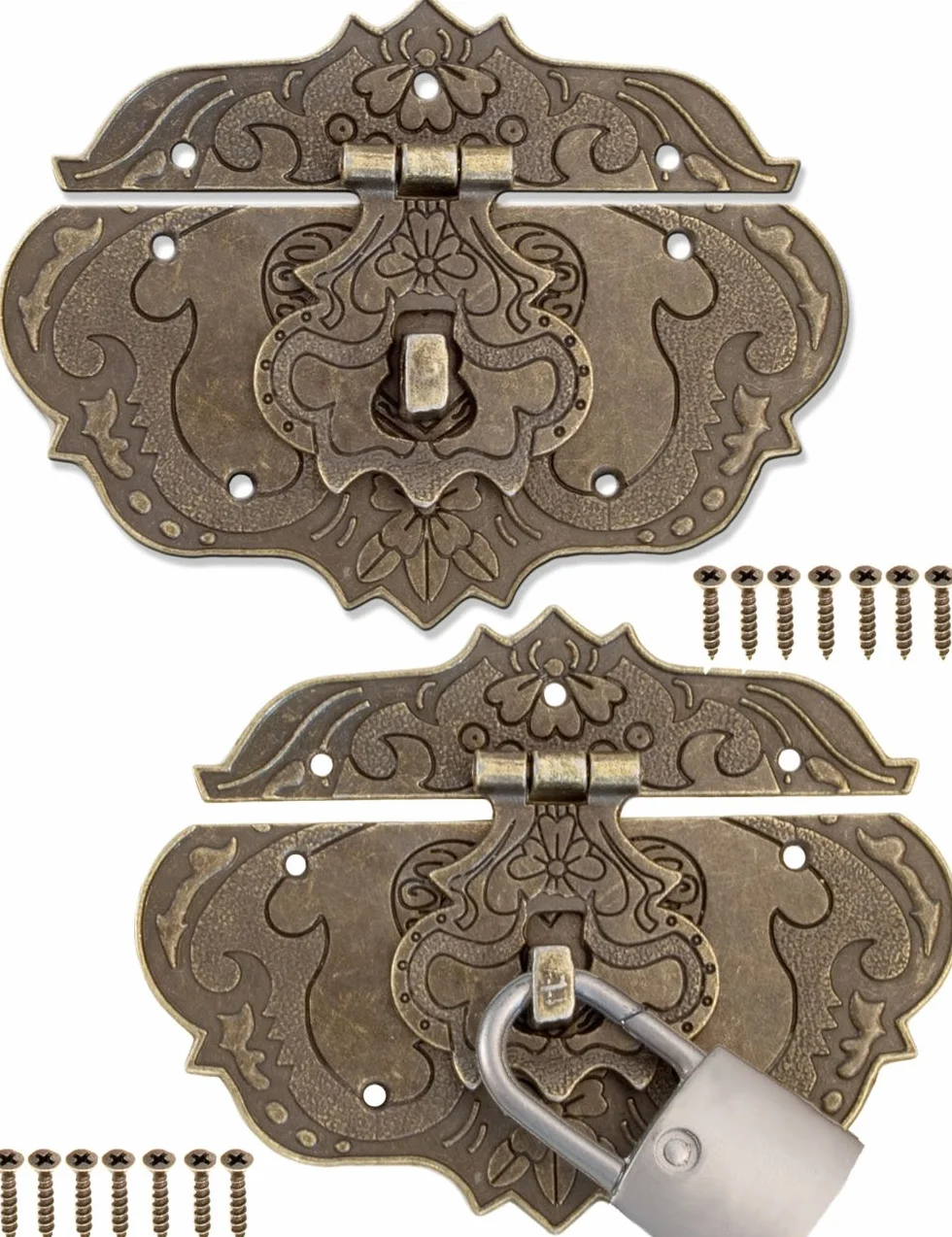 FUXXER Set di 2 chiusure antiche per mobili, 75 x 58 mm, in ferro bronzo, per lucchetti,
