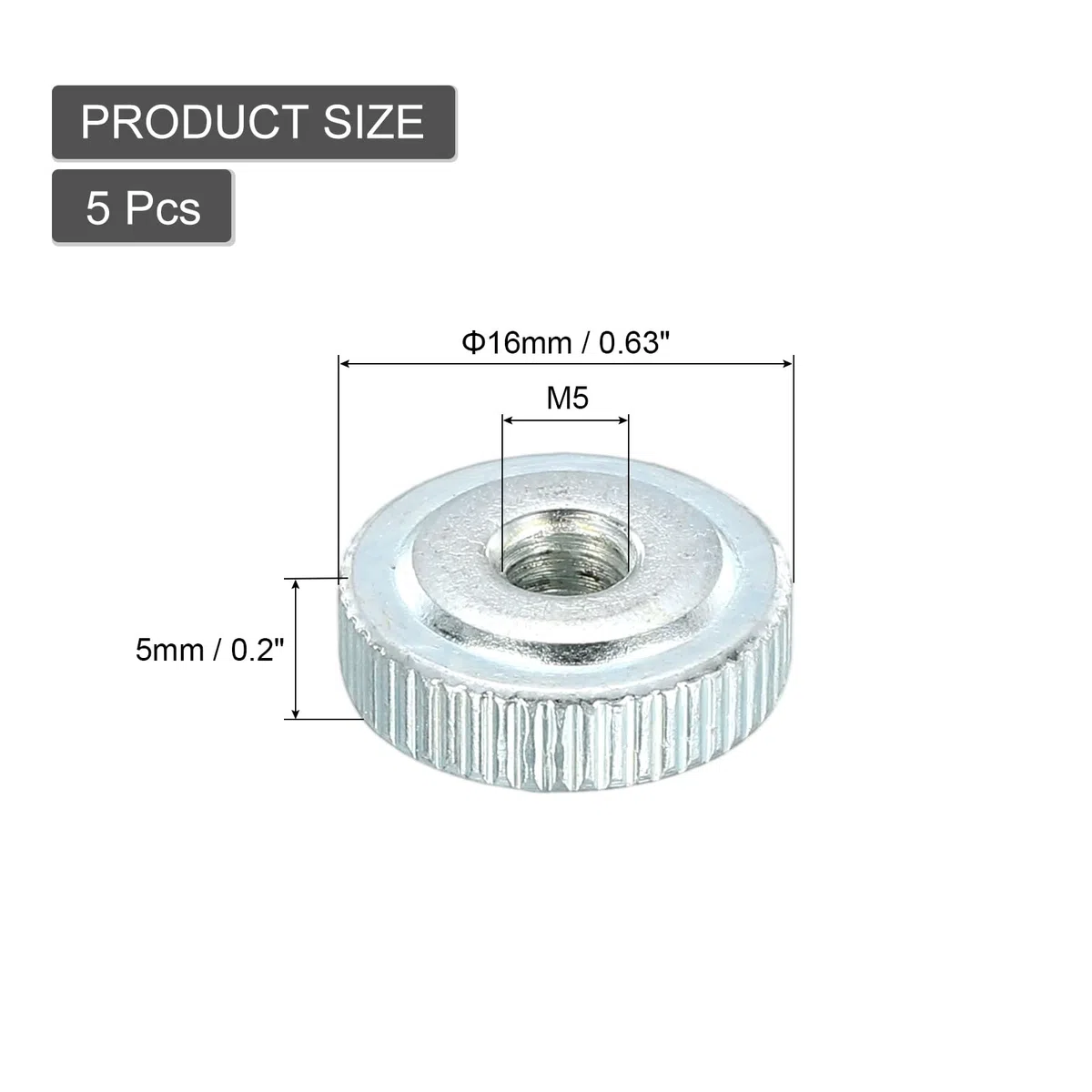 QUARKZMAN Dadi Zigrinati, Filettatura Femmina Tipo Sottile M5, Dado Zigrinato Acciaio Carbonio Zincato Testa Piana con Foro Passante per Bloccaggio e Regolazione Stampante 3D, 5Pz