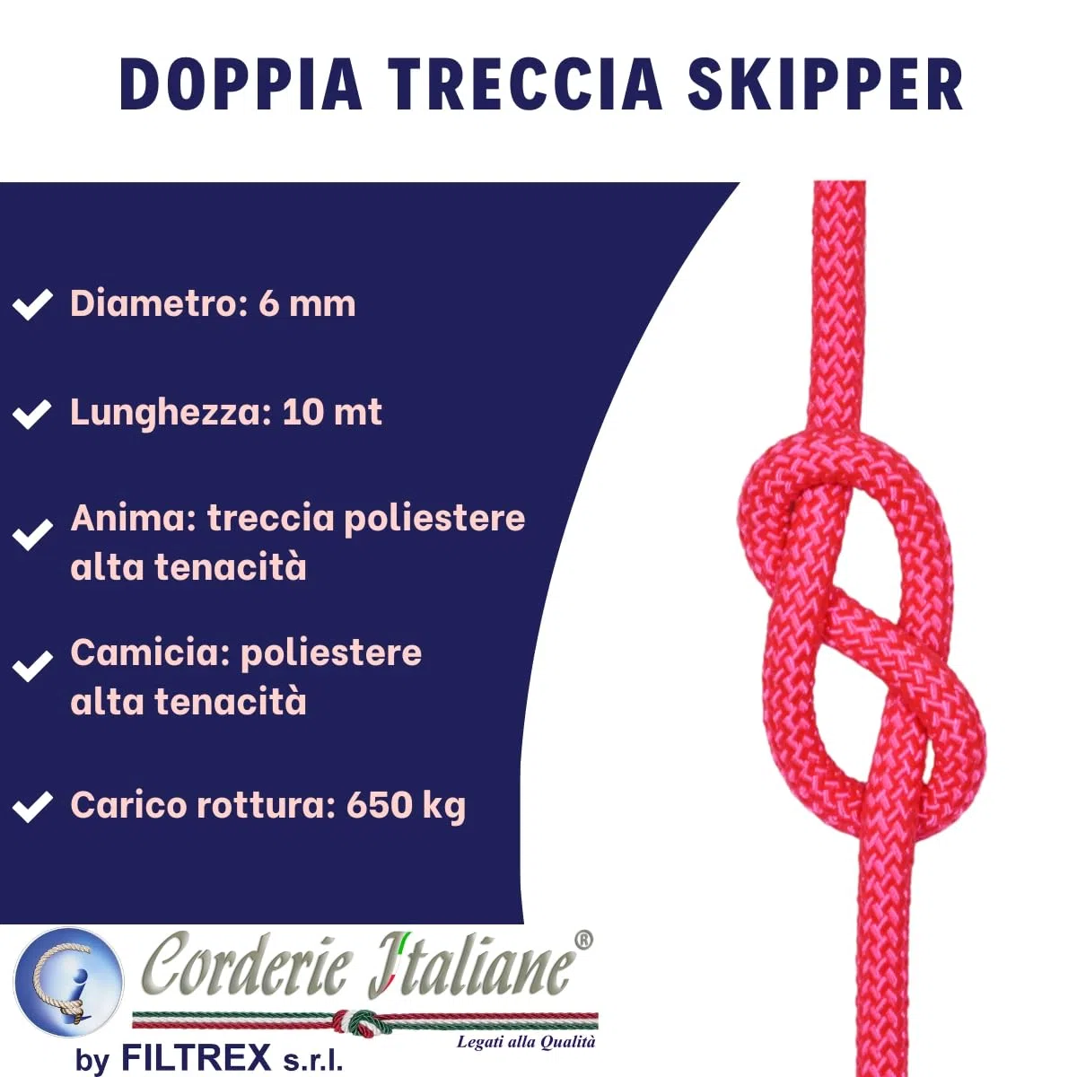 Corderie Italiane 006103196 Doppia treccia skipper alta tenacità, rosa flu, 6 mm - 10 metri