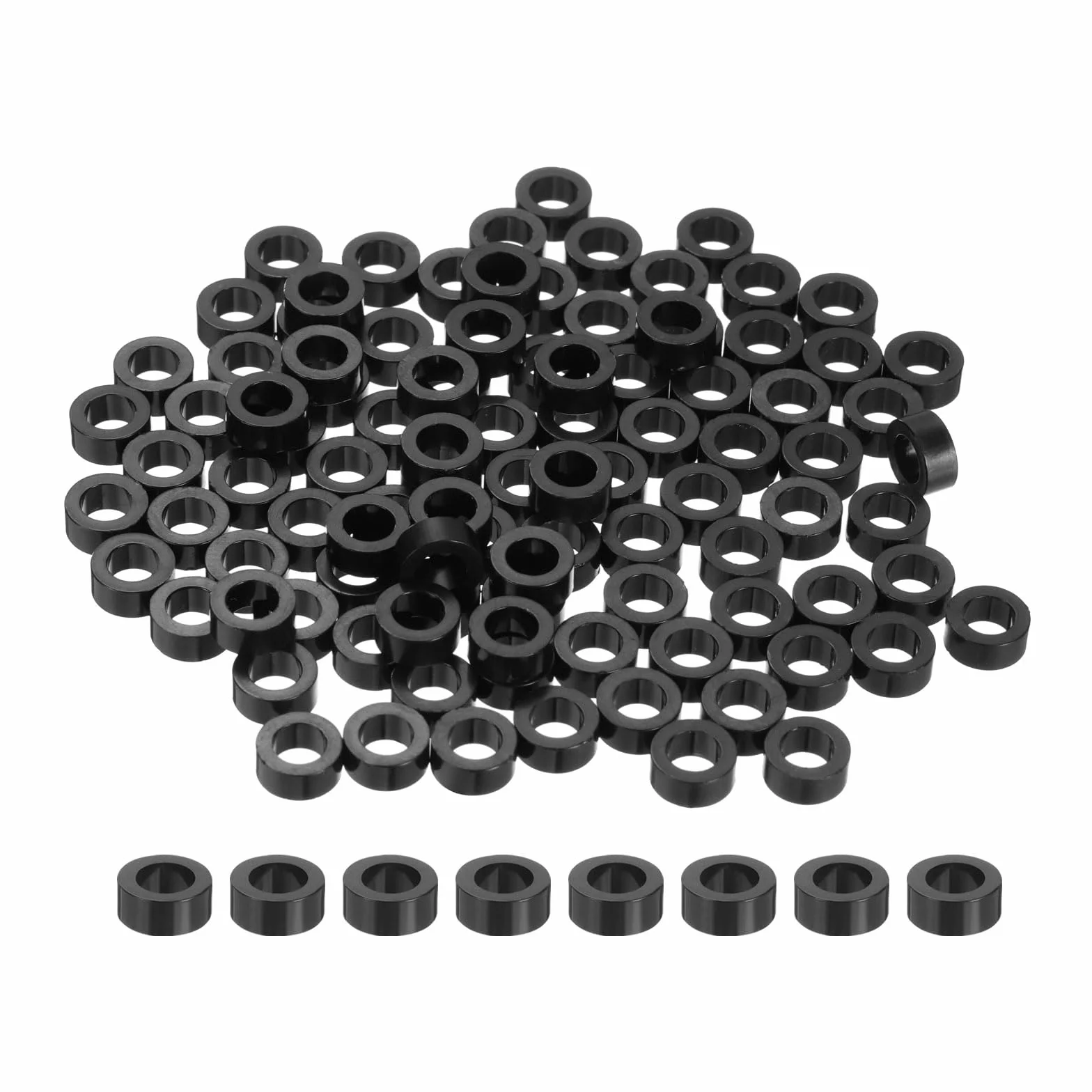 QUARKZMAN 100pz Distanziali Tondi in Nylon 4mm Id, 7mm Od, 3mm Distanziatori per Viti di Altezza Senza Filetto, Distanziatore in Plastica per Viti M4, Nero