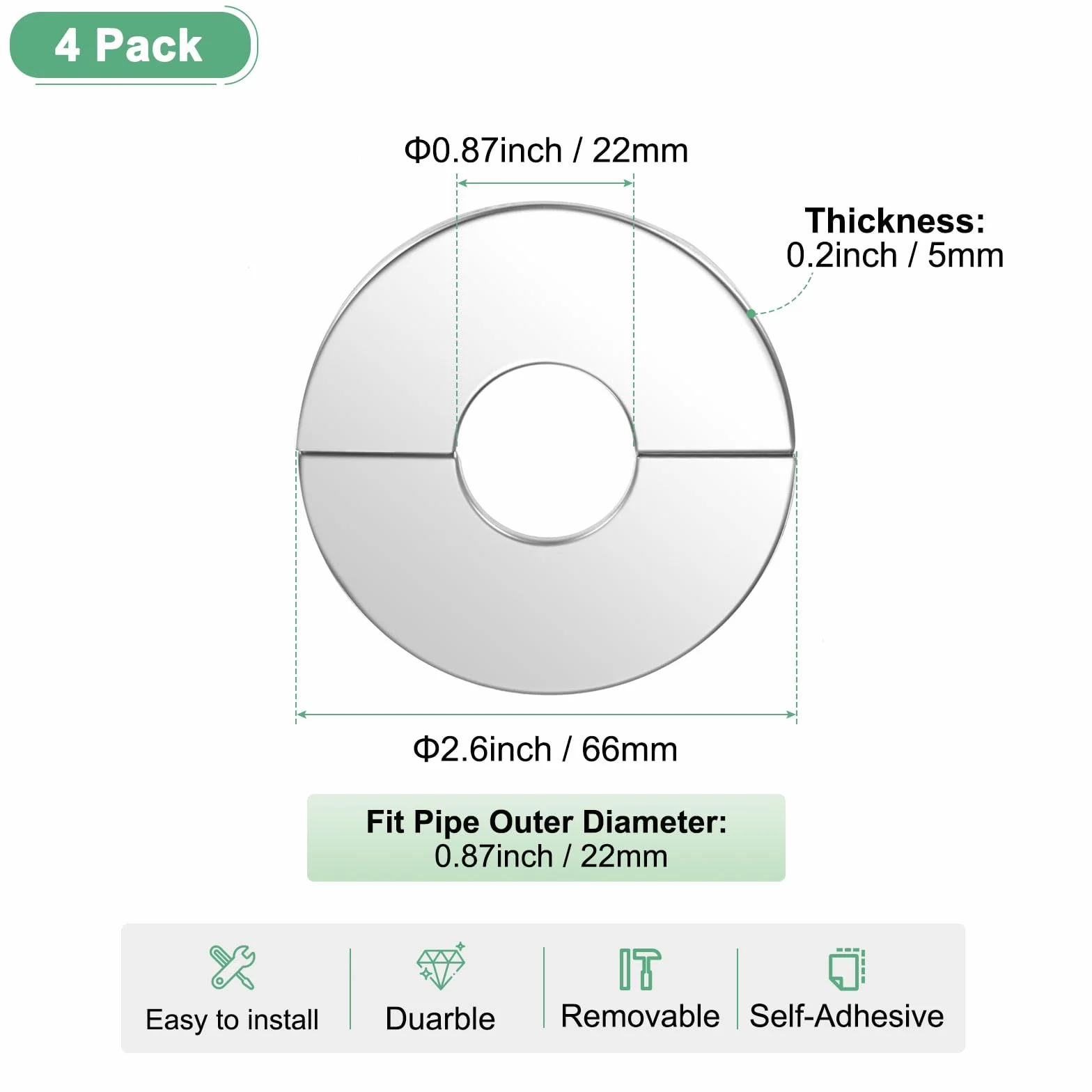 M METERXITY 4-Pack Flangia Divisa Da Parete, Per Tubo Con Diametro Esterno 0.9 Pollici/22mm 304 Acciaio Inossidabile Piastra Di Copertura Rotonda Autoadesiva Per Tubi Dell'Acqua/Rubinetto