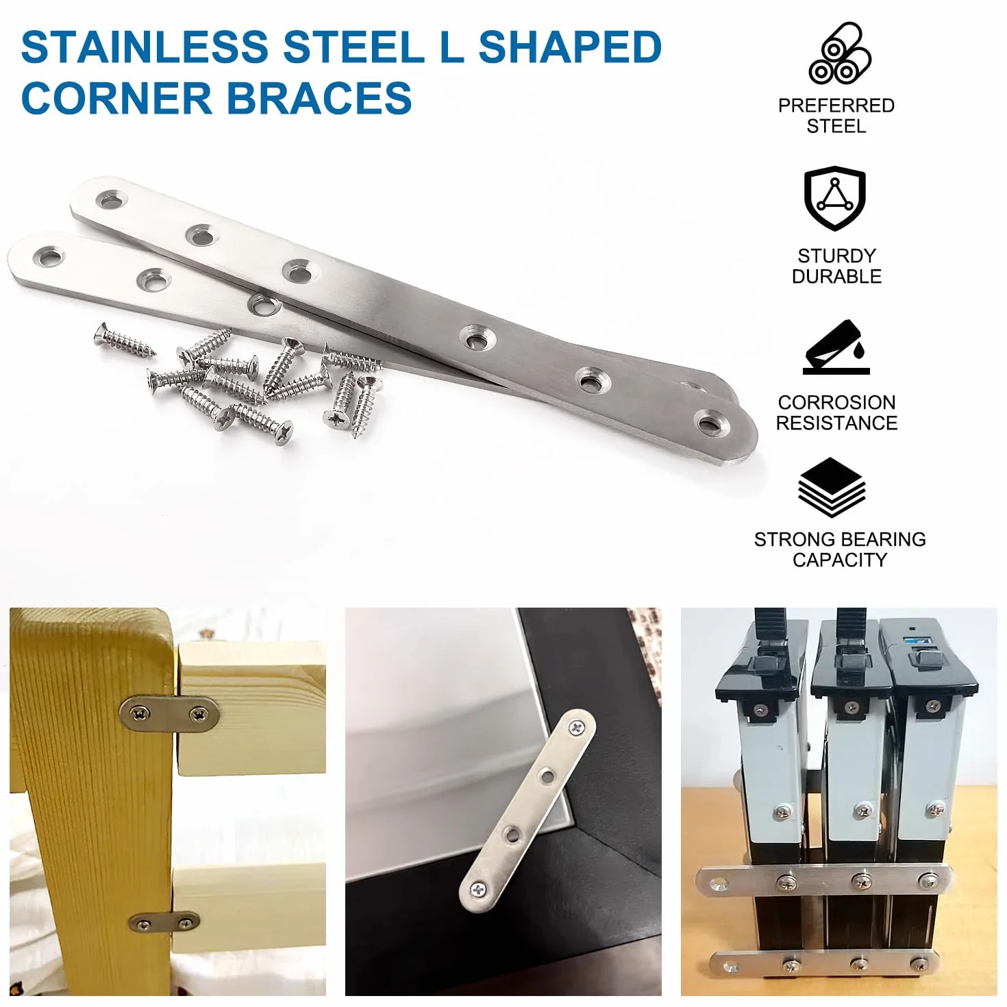 VooGenzek 2 Pezzi 195x20x3 mm Staffe Angolari Piatte, Piastre di Rammendo in Acciaio Inox, Piastre di Giunzione Piatte, Staffe Piatte per Rammendare, con 12 Pezzi Viti, per Riparare Mobili in Legno