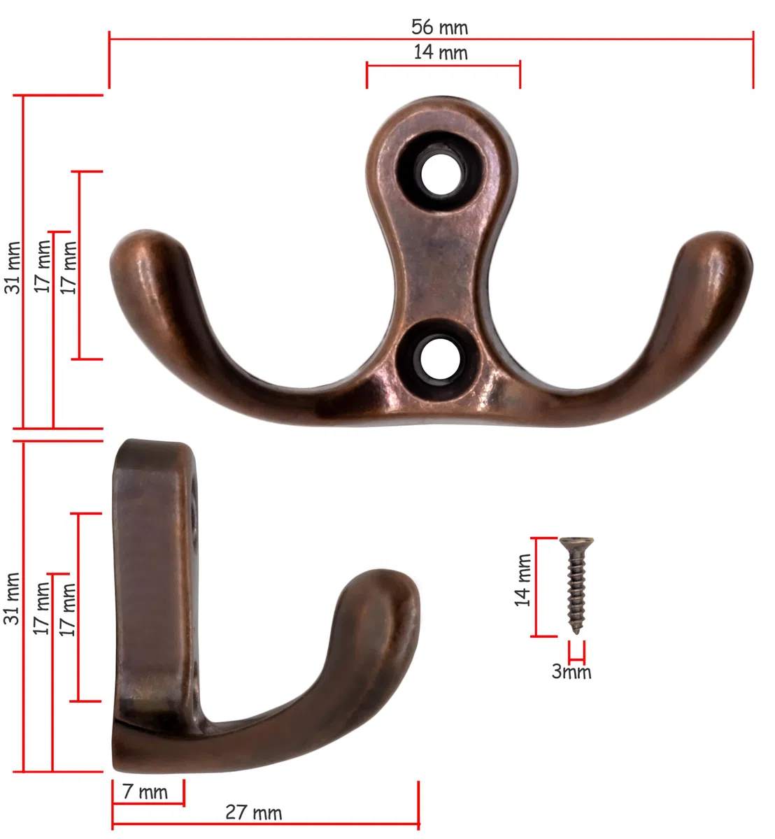 Fuxxer 5 ganci doppi classici per asciugamani, 52 x 30 mm, set da 5 pezzi, effetto rame