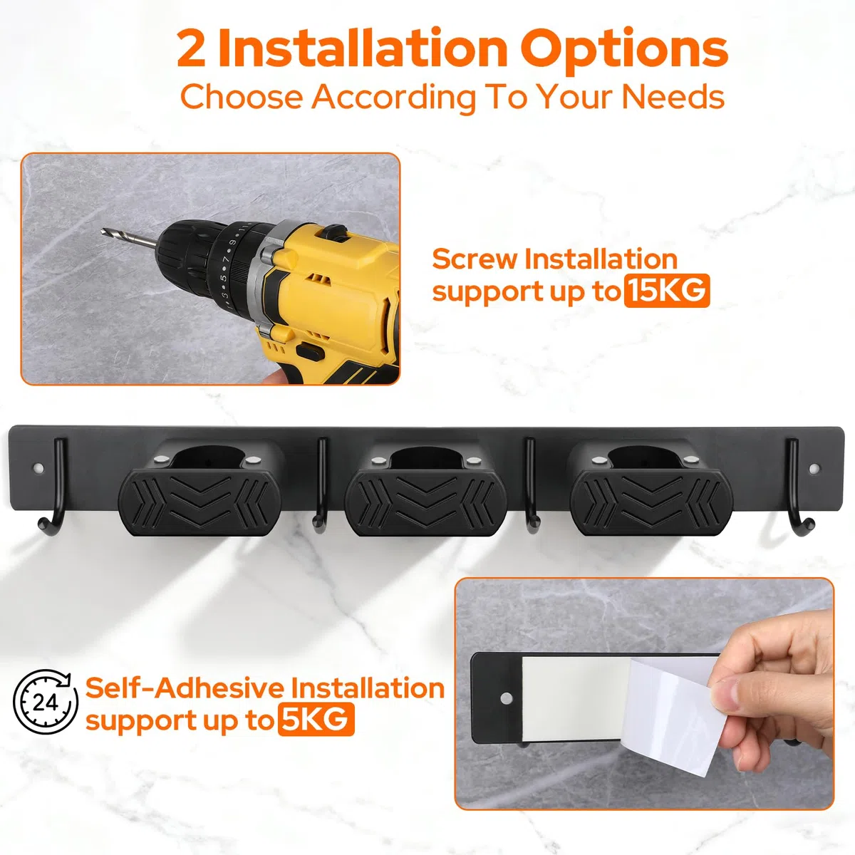 Alyvisun Porta Scope Parete 3 Slot e 4 Ganci, Portascope da Muro, Appendiscope da Muro con Clip in Silicone Antiscivolo per Casa, Garage e Giardino - Nero