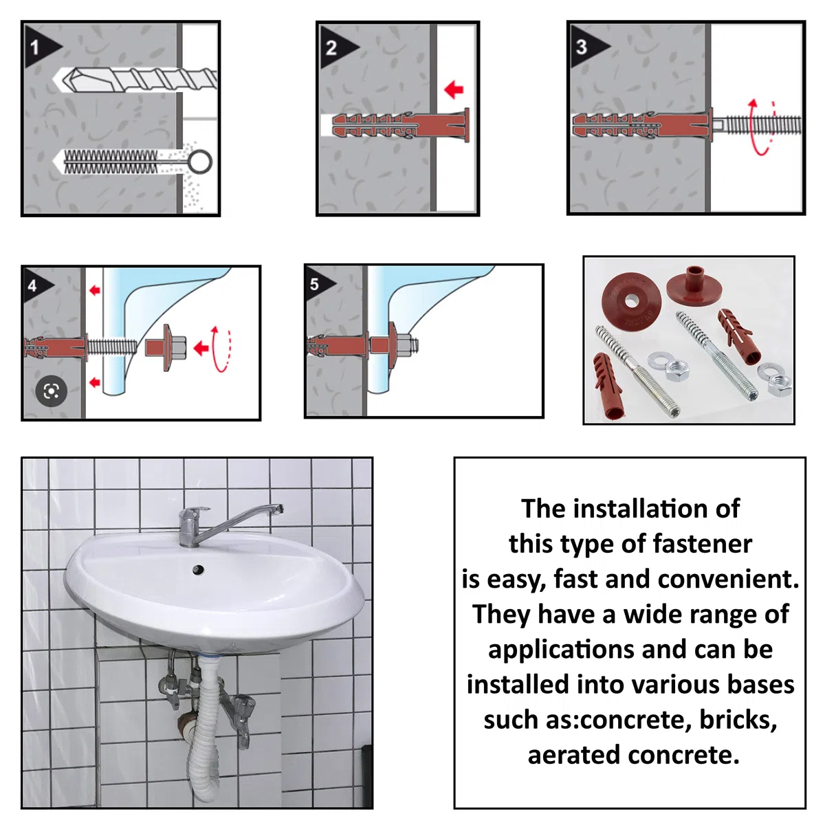 AERZETIX - C65237 - Kit di fissaggio a parete per lavabo sospeso sanitario vite M10x140mm - prigionieri filettati - tassello Ø14x75mm - kit di montaggio lavello fissaggio impianti idraulici