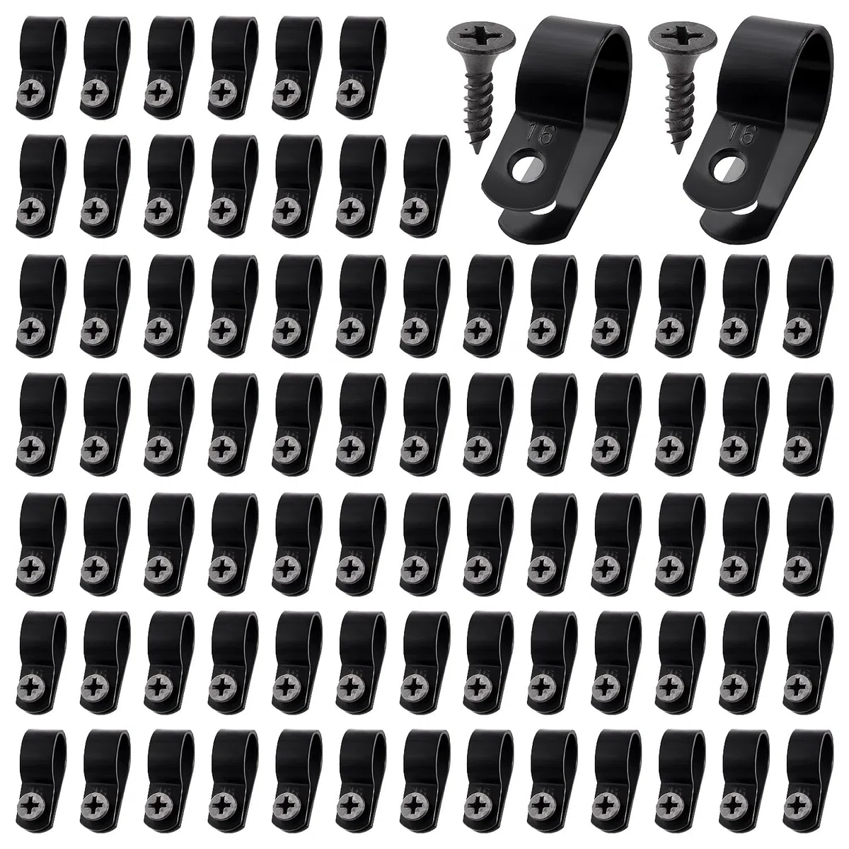 VooGenzek 80 Pezzi 16mm (5/8 Pollice) R-tipo Cavo Clip Fascetta, Morsetti per Cavi in Nylon con 80 Pezzi Viti, per la Gestione dei Fili (Nero)